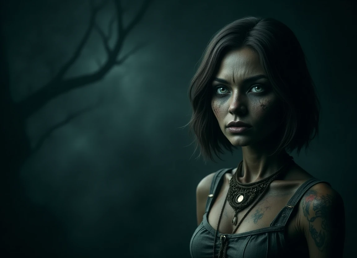 A mysterious and eerie atmosphere female with a hundred year old face, central Asian features, violet eyes, snub nose, chiseled jaw, angular forehead. Curvaceous hips with dark chestnut bob cut hair, wearing paperbag waist shorts, wrap front blouse, Mary Jane shoes, head tilted to the side indicating thoughtfulness. A relaxed upper body with mock neck nanoflake coating tie-dye breccia stone sleeveless maxi length natural waist train ombre wash, hugging lower body electromagnetic coating reinforced concrete cropped length natural waist bow accents back pockets cutout details dark wash keyhole back statement necklace.