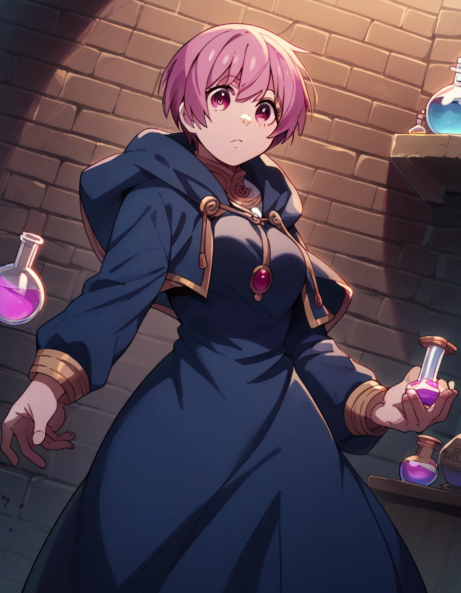 score_9, score_8_up, score_7_up, source_anime, <lora:inca-kasugatani-s2-ponyxl-lora-nochekaiser:1>, inca kasugatani, short hair, pink hair, pink eyes, medium breasts,, <lora:wizard-ponyxl-lora-nochekaiser:1>, wizard, wizard hat, robe, dress, long sleeves, gloves,, indoors, bricks, potion, flask, vial,, cowboy shot,, , dutch angle, cowboy shot