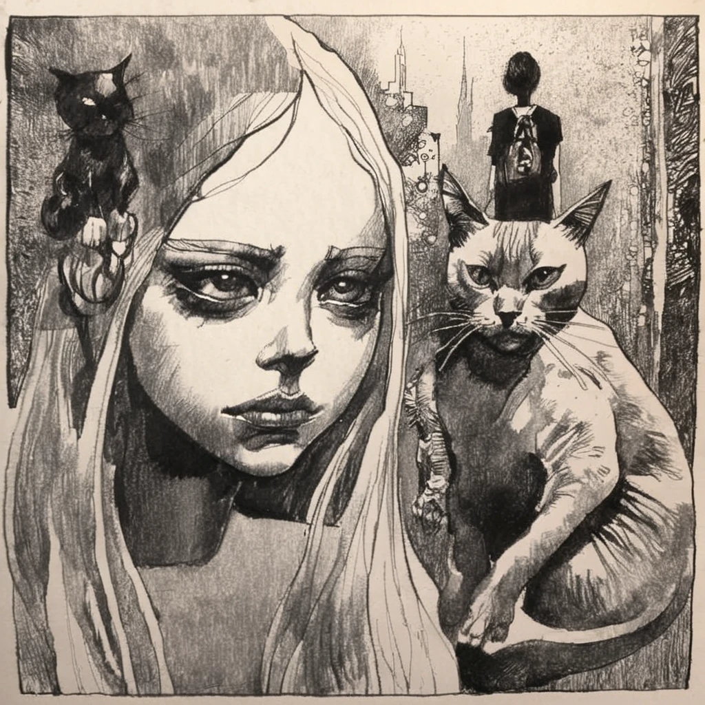 drawix20 girl and cat, very detailed, black ink <lora:drawix20:1>