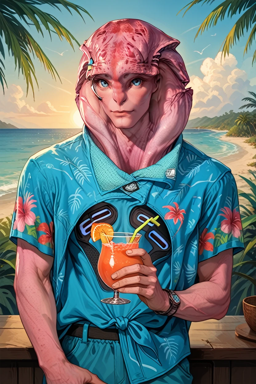 score_9, score_8_up, score_7_up,
<lora:MEAJaal:1.0>
MEAJaal, 1boy, alien, pink skin, blue eyes, wearing a Hawaiian shirt, smiling, holding a cocktail, vibrant sunset, palm trees swaying in the breeze, tropical vibes