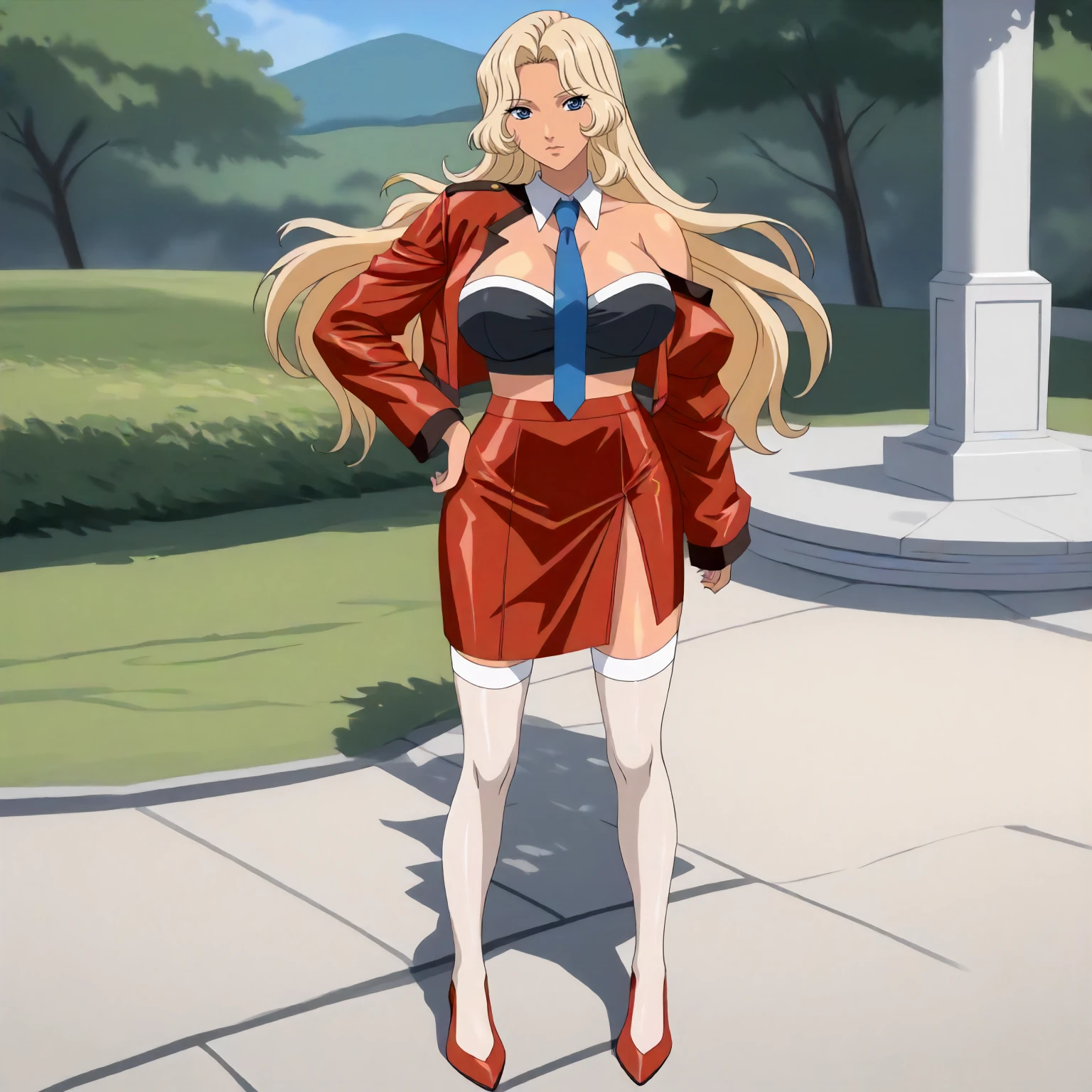 <lora:GSE_MiekoXLpony001>,
outdoors,
solo,
Mieko,1girl,blonde hair,long hair,blue eyes,tan,
large breasts,
cropped jacket,red jacket,one side off -shoulder,cleavage,black shirt,blue tie,
microscart,red skirt,
white thighhighs,
standing,full body,