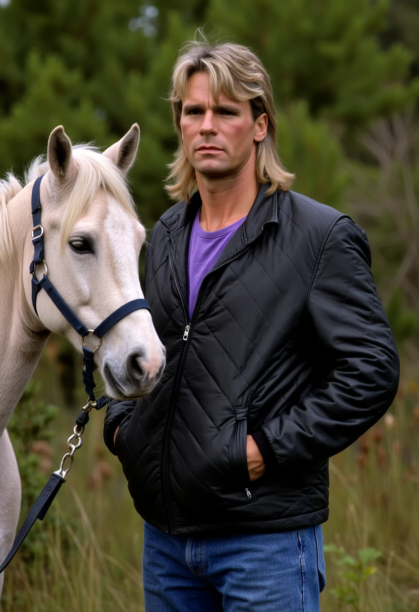 This is a photograph of a man and a horse in an outdoor setting. The man, who appears to be in his late 30s to early 40s, has light blonde hair that is shoulder-length and slightly tousled, with bangs that frame his face. He is wearing a black, slightly shiny, quilted jacket over a purple shirt, and blue jeans. He has a serious, contemplative expression on his face, looking slightly to his left.

The horse, a light beige color with a white mane and tail, is standing to the left of the man. The horse is wearing a dark blue halter, and it has a relaxed, calm demeanor. The horse's ears are pointed forward, and its eyes are half-closed, suggesting a peaceful state. The background is a blurred mix of greenery, including bushes and tall grass, indicating a natural, possibly rural or forested area. The lighting is natural, suggesting it is taken during the day, and the overall scene has a serene and contemplative atmosphere. The textures of the man's jacket, the horse's fur, and the natural elements in the background are all clearly visible and contribute to the rich detail of the image. M4CGYV3R