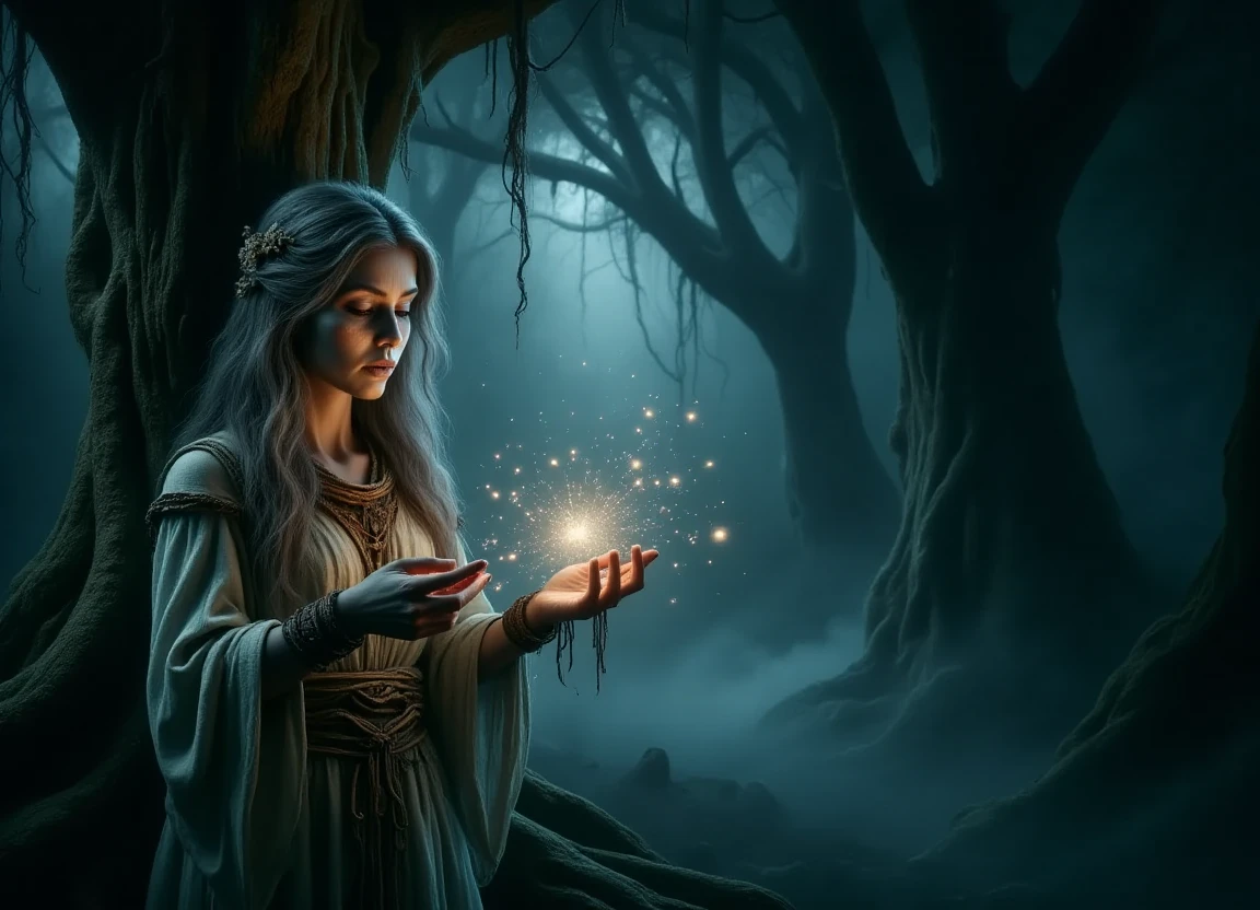 A mystical forest scene at twilight with a female druid standing in front of an ancient tree surrounded by swirling misty tendrils "Shattered illusions"  a soft focus on her hands as she weaves intricate patterns with glowing threads of light that pulse and shimmer with a mesmerizing dance of starlight and cosmic energy.