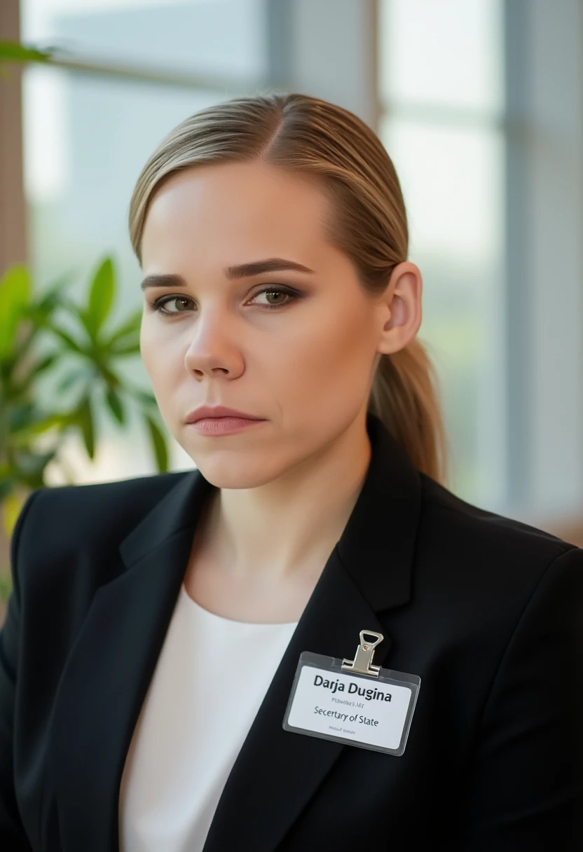 A portrait photo of darjadugina, a woman. She is looking straight at the viewer with a serious expression on her face. Her eyebrows are drawn down. Her hair is bound to a ponytail that flows over her shoulder. Her mouth is closed and her lips are pressed together. She is wearing a professional white shirt and a black business suit. A simple ID badge with black bold text name "Darja Dugina" and smaller title "Secretary of State" is clipped to the suit jacket. The background is blurry and shows a modern office with house plants. Sunlight is shining through large windows.