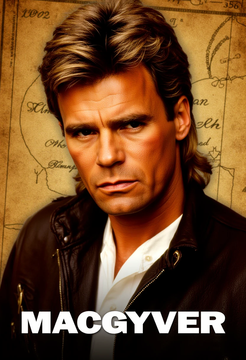 The image is a digital graphic featuring a close-up portrait of a man with short, tousled brown hair. The man has a stern expression, with his gaze directed slightly to the right. He is wearing a dark brown leather jacket over a white shirt, which gives him a rugged, authoritative look. The background is a sepia-toned, vintage map with faint, intricate lines and symbols, suggesting an old, possibly historical or science fiction setting. The map's texture is slightly worn and aged, adding to the vintage feel. The color palette of the image includes warm earth tones, with a gradient of brown and orange hues blending into the background, giving it a cinematic, dramatic effect. At the bottom of the image, the word "MACGYVER" is prominently displayed in bold, white, uppercase letters, with the "M" and "G" slightly larger than the other letters, creating a sense of emphasis. The overall style of the image is reminiscent of a movie poster or promotional artwork, with a focus on the man's intense expression and the vintage, map-like backdrop. M4CGYV3R