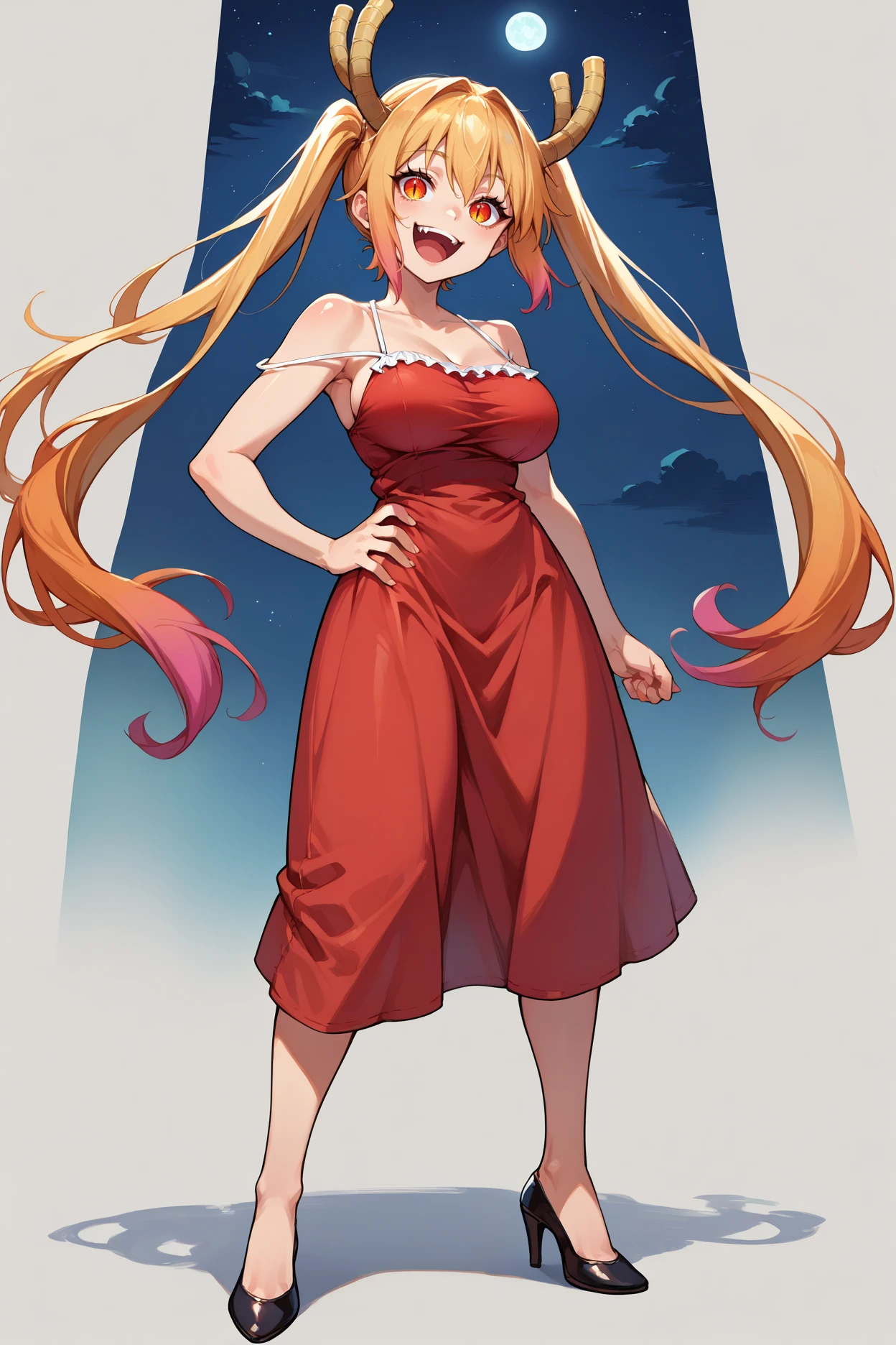 score_9, score_8_up, score_7_up, score_6_up, source_anime, 1girl, solo, <lora:tohru-pdxl-nvwls-v1-000005:1> mdrgtru, blonde hair, twintails, orange hair, gradient hair, orange eyes, slit pupils, horns, large breasts, red dress, spaghetti straps, high heels, sleeveless, happy, night, hand on hip, looking at you, full body, night sky