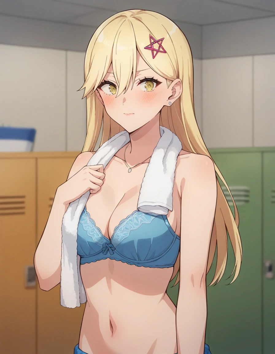 score_9, score_8_up, score_7_up, source_anime, BREAK
1girl, looking at viewer, solo, blurry background, dutch angle,locker room, hangar, embarrassed,
aria kisaki, blonde hair, long hair, hair between eyes, gold eyes, star hair ornament, stud earrings,
blue bra, changing room, bare shoulders, navel, towel around neck,
<lora:aria_kisaki_anime_v2-soralz:0.9>