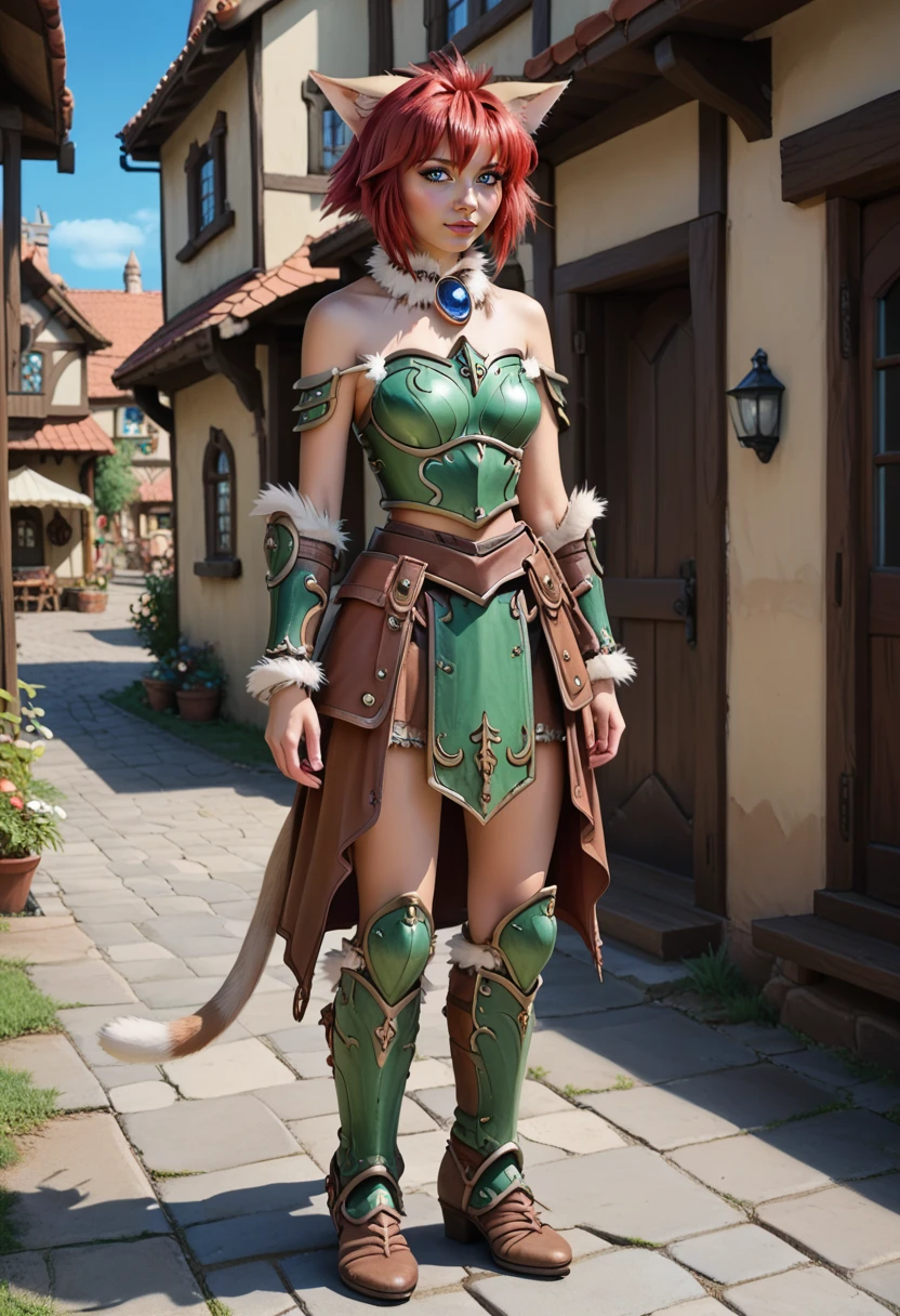 marinbravesoul, 1girl, full body shot, solo, blue eyes, cat ears, cat tail, red hair, green armor, bare shoulder, brown skirt,  fur chocker,   standing, outside, fantasy town, <lora:MarinBraveSoulV2_telr0.0003:1>, score_9, score_8_up, score_7_up,