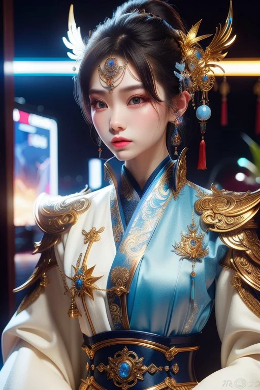 (High quality), (masterpiece), (detailed), 8K, A stunning hyper-realistic portrait of a young woman, her upper body adorned in a fusion of traditional Chinese attire and futuristic elements. (Intricate silk robes1.2) blend with (high-tech armor1.2), showcasing a unique blend of cultures. (Modern cityscape1.2) in the background hints at a futuristic China, with (neon lights1.2) reflecting off her (metallic accessories1.3).