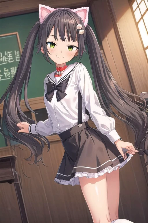 ((masterpiece)),(best quality),official art,extremely delicate and beautiful,extremely detailed CG,unity 8k wallpaper,ultra detailed,beautiful detailed eyes,extremely detailed face,1girl,solo,cowboy shot,looking at viewer,facing viewer, blush, smile, 
(petite:1.2), Azuma Komari,
very long hair,black hair,twintails,hair flower,white flower,wing hair ornament,hairclip,sidelocks,blunt bangs,green eye,yellow eye,heterochromia,
indoors, school background, 
small breasts,<lora:Azuma Komari(sdg2):0.85>,
school uniform, white sailor collar, black bowtie, white shirt, long sleeves, animal bag, miniskirt, black skirt, suspender skirt, frilled skirt, white socks, frilled socks, mary janes, black footwear,
cat cosplay, fake animal ears, cat ears, fake cat tail, bell choker,