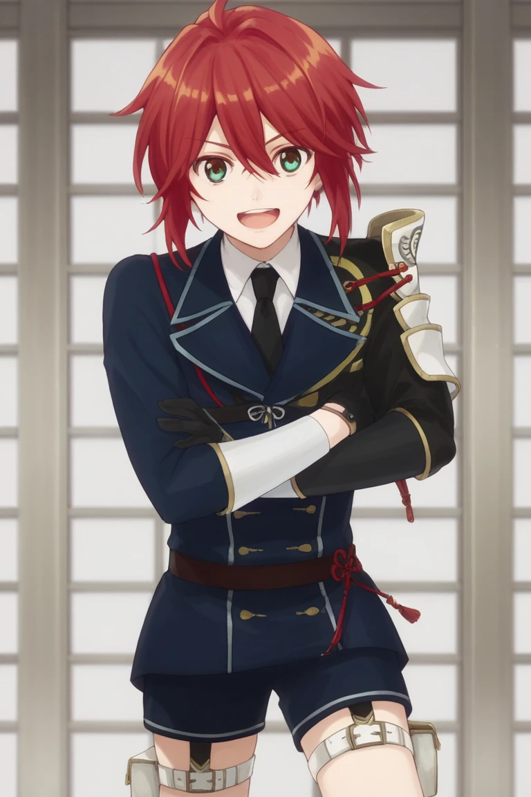 score_9, score_8_up, score_7_up, score_6_up, shinano toushirou, red hair, green eyes, ,hanamaru style, 1boy, male focus, tantou, short sword, shorts, sode, thigh holster, gloves, japanese armor, open mouth, necktie, weapon, armor, military uniform, shoulder armor, military, smile, uniform, black gloves, holster, solo, sword