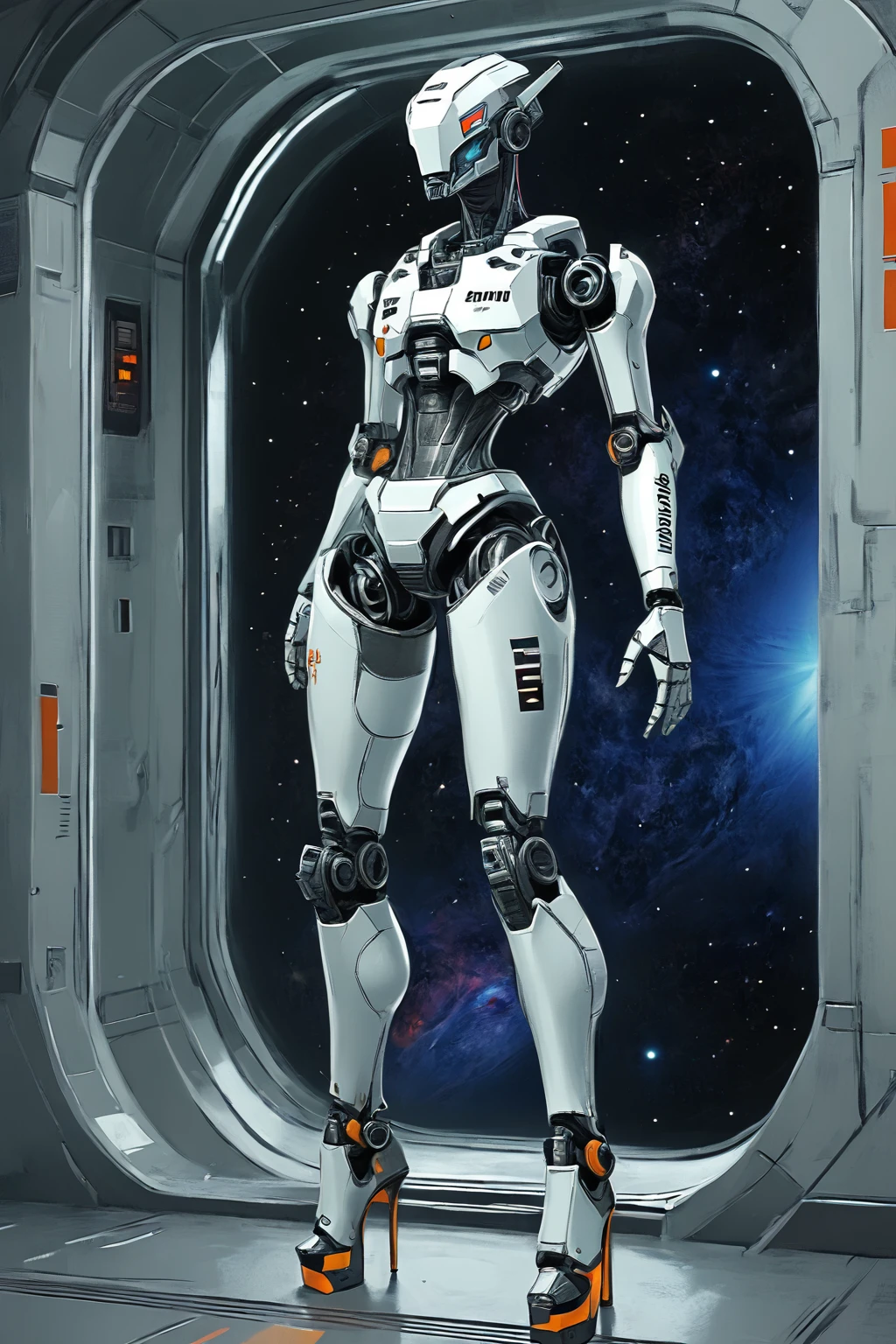 <lora:Midjourney_Style_Pony:1> metal body, robot, full body, heels, space station setting, sci-fi, feminine build