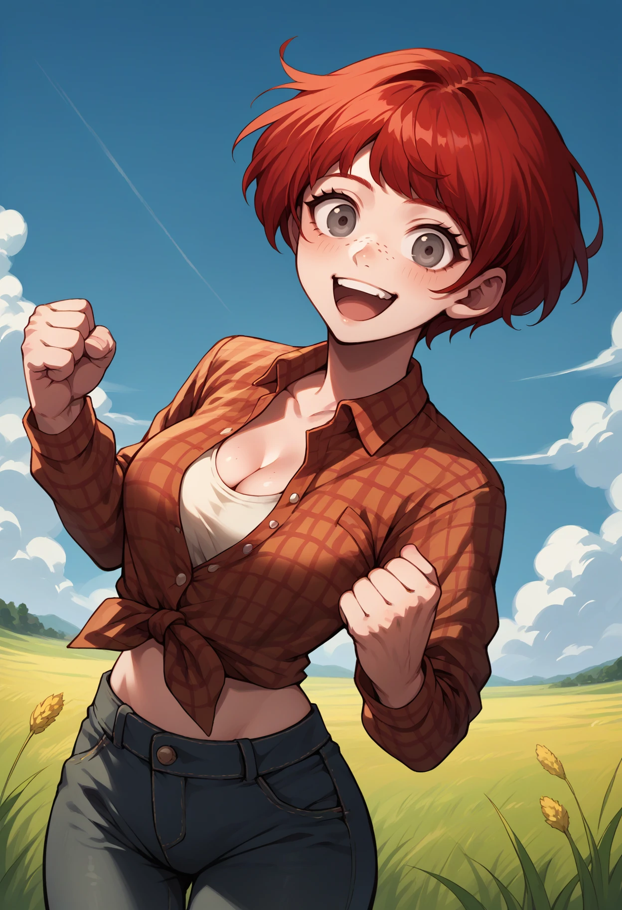 score_9, score_8_up, score_7_up, 1girl, excited, looking at viewer, clenched hand, happy, <lora:MahiruDR-pdxl:1> defMahi, red hair, short hair, grey eyes, freckles, flannel shirt, long sleeves, midriff, cleavage, jeans, field, sky, cloud