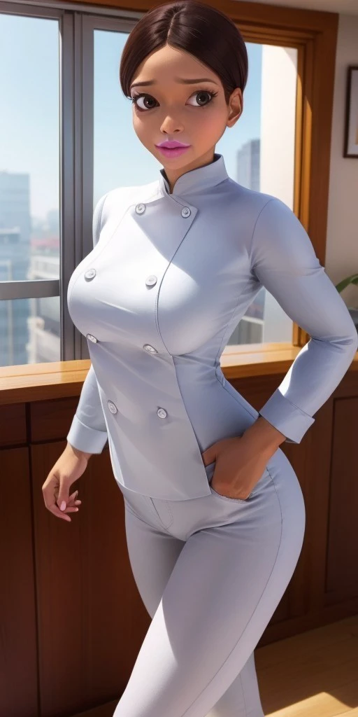 Hyperrealistic, photorealistic, super detailed, white chef jacket, looking at viewer, light blue pants, brown eyes, brown hair, hair pulled up into a bun, brilliant pink lipstick, body like in real life, large pores, brown skin, short, beautiful arms, medium breasts, unreal engine, octane render, droped shadow, bokeh, cinematic lighting, <lora:add_detail:0.5>, <lora:Volumetric_lighting:0.6>, Marlena Césaire, , <lora:41ee7acf-5707-4554-8d7e-c4eedfb4bdb6:0.7>