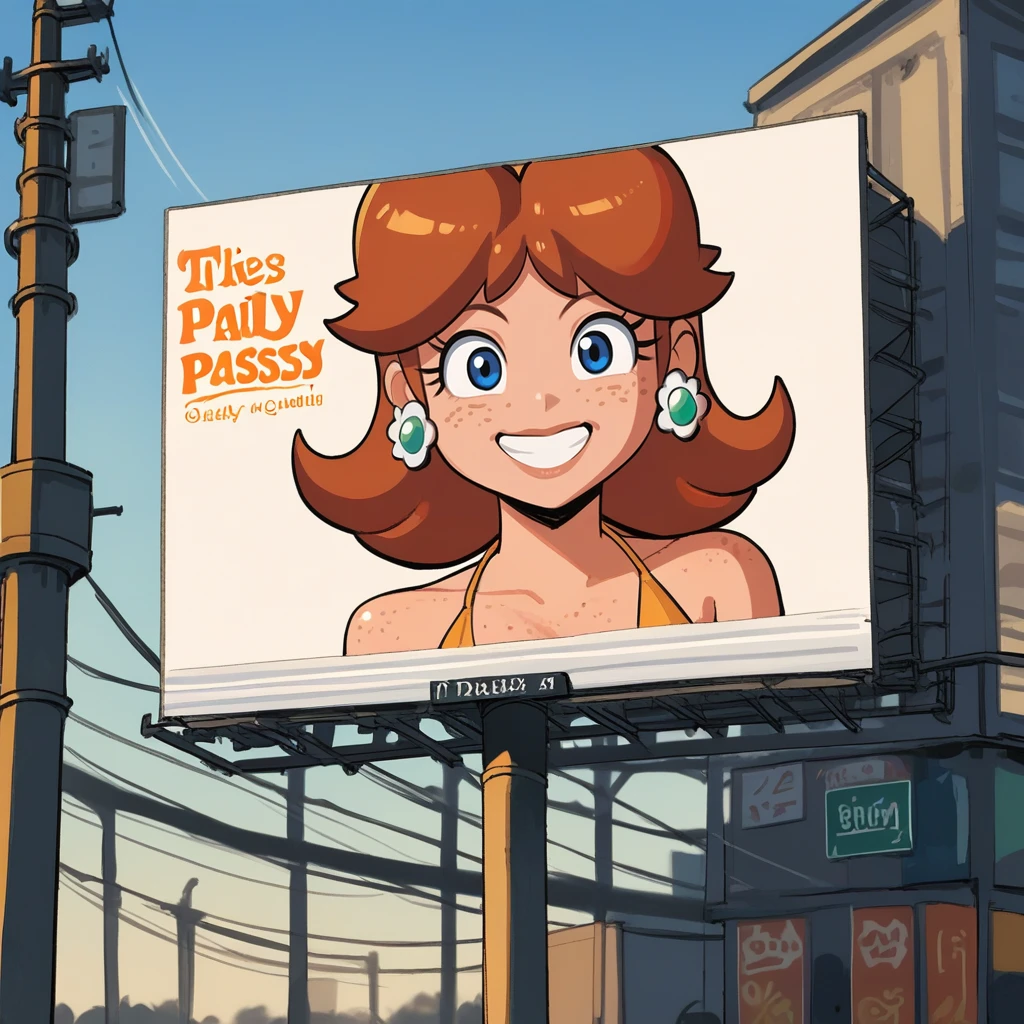 score_9, score_8_up, score_7_up, score_6_up, score_5_up, score_4_up, zPDXL2,source_anime,rating_questionable, <lora:Billboard:0.8> b1llbo4rd, large wide billboard, advertisement, princess daisy, freckles, smile, bikini, rural, outdoors