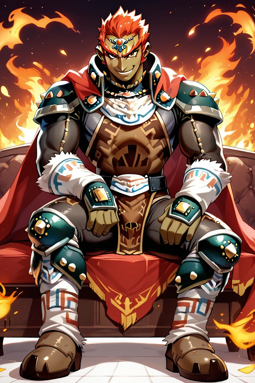 score_9, score_8_up, score_8,   BREAK, , ,,, zzGanondorf, 1boy, red hair, dark skin, armor, gloves, jewelry, boots, muscular, shoulder pads, short hair, cape, muscular,  fire, aura,  <lora:Ganondorf_OoTZelda_PDXL:0.8>,   ,,,, BREAK, ,,, smile, looking at viewer, blush, blurry, couch, sitting, ,,, shiny skin, <lora:ProAnime_PDXL_v1:0.7>, ,,, embedding:zPDXL, Expressiveh, <lora:SDXLFaeTastic2400:0.5>, <lora:Expressive_H-000001:0.4>,