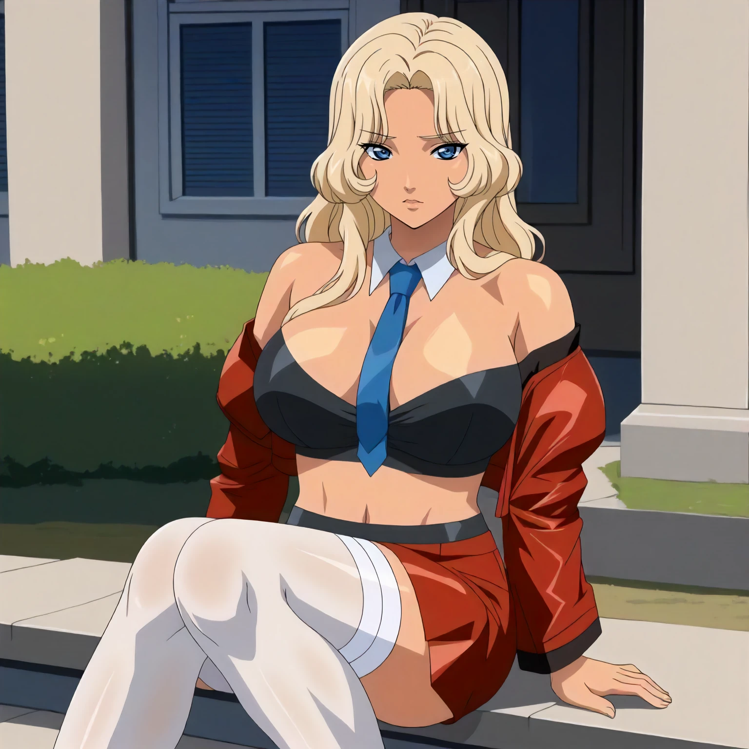 <lora:GSE_MiekoXLpony001>,
outdoors,
solo,
Mieko,1girl,blonde hair,long hair,blue eyes,tan,
large breasts,
cropped jacket,red jacket,one side off -shoulder,cleavage,black shirt,blue tie,
microscart,red skirt,
white thighhighs,
sitting,