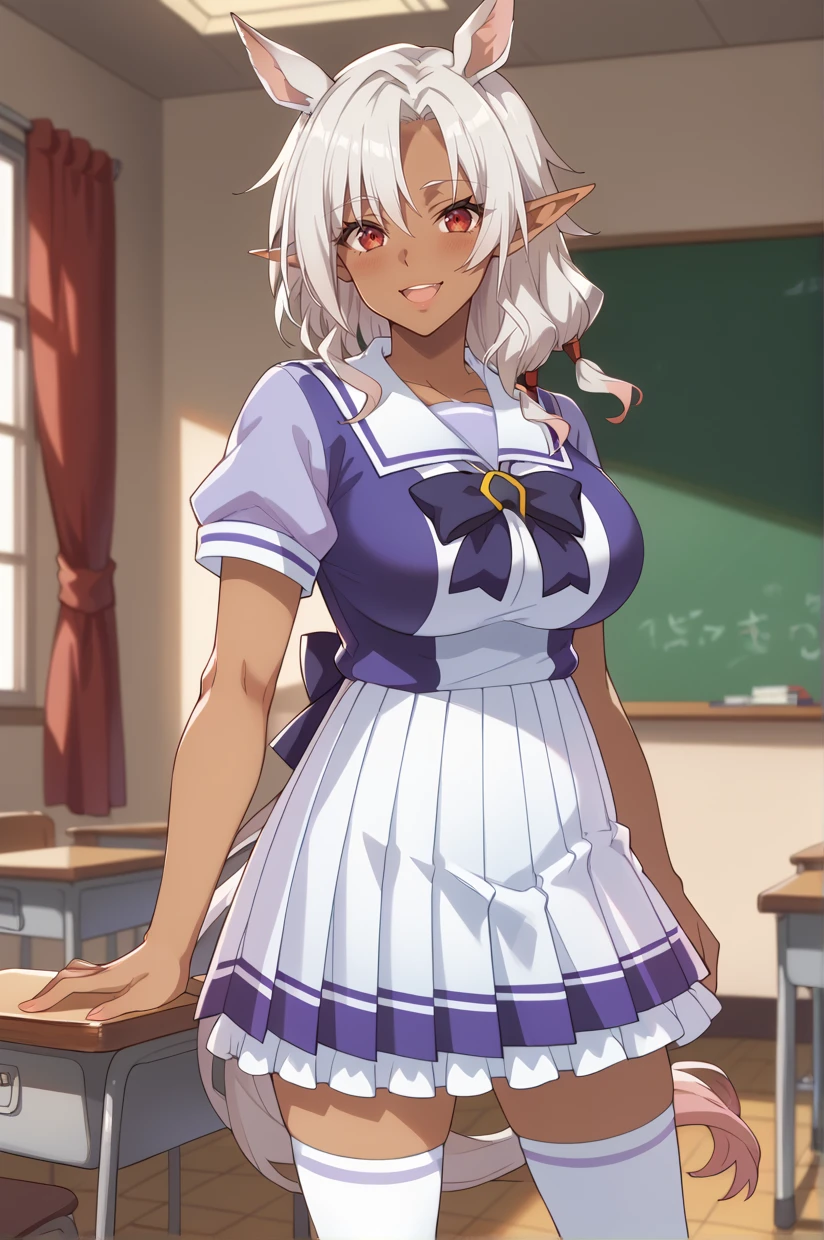 <lora:Umamusume-09:0.9> UmaUma, horse tail, horse girl, horse ears, SchoolUniform, school uniform, tracen school uniform, white thighhighs, sailor collar, purple shirt, white skirt, looking at viewer, happy, indoors, standing, classroom<lora:HeineOfTheFlameNSLT:1> HeineOTF, white hair, dark-skinned female, red eyes, pointy ears, large breasts, 16k, masterpiece, absurdes, highly detailed, highres, high quality, best quality, score_9, score_8_up, score_7_up, score_6_up