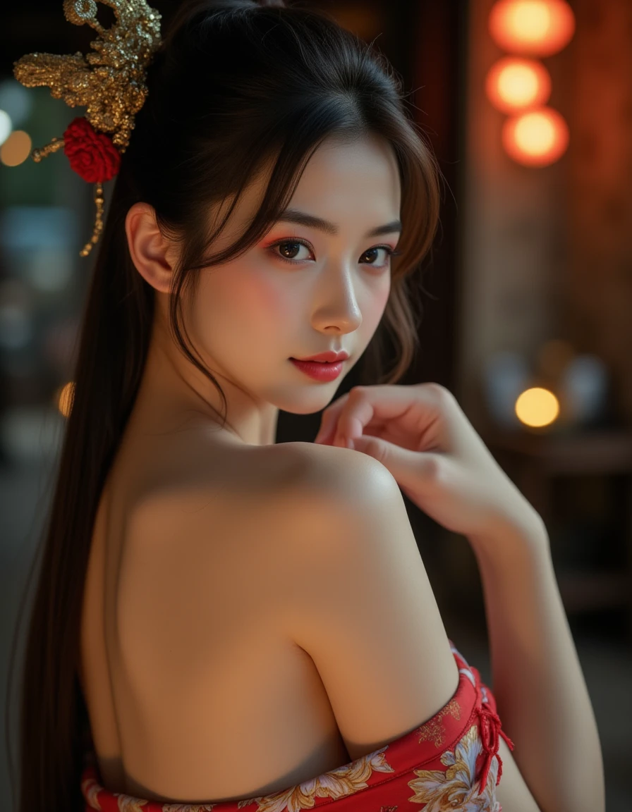 Gentle and lovely Chinese beauty, Exquisite and sexy clavicle, Charming goose egg face, Double eyelids, Bright peach blossom eyes, Pink lips, Small upturned nose, Bare shoulders, Plump buttocks, Beautiful long legs, focused face, Close-up of face, Ultra HD, Super Detail, Full body image, Ultra-thin and light-transmissive, optimal ratio: four fingers and one thumb, Horse Face Skirt