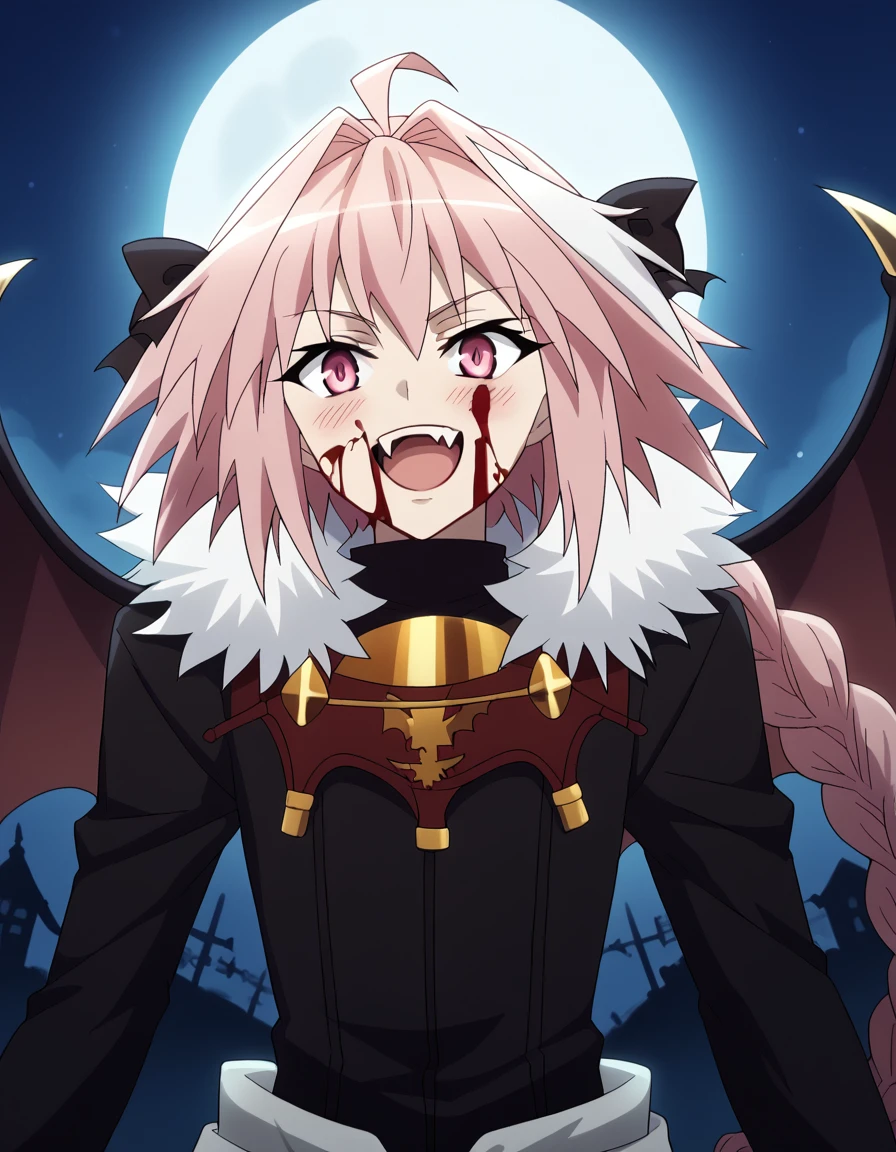 score_9, score_8_up, score_7_up, source_anime, <lora:astolfo-apocrypha-s1-ponyxl-lora-nochekaiser:1>, astolfo, long hair, pink eyes, hair ribbon, pink hair, braid, ahoge, white hair, male focus, multicolored hair, streaked hair, single braid, otoko no ko, long braid,, <lora:vampire-ponyxl-lora-nochekaiser:1>, vampire, red eyes, pointy ears, fangs, black dress, wings, blood, blood on face, blood on mouth, bat (animal), halloween, halloween costume, upper teeth only, night, moon, blush, smile, open mouth, , dutch angle, cowboy shot