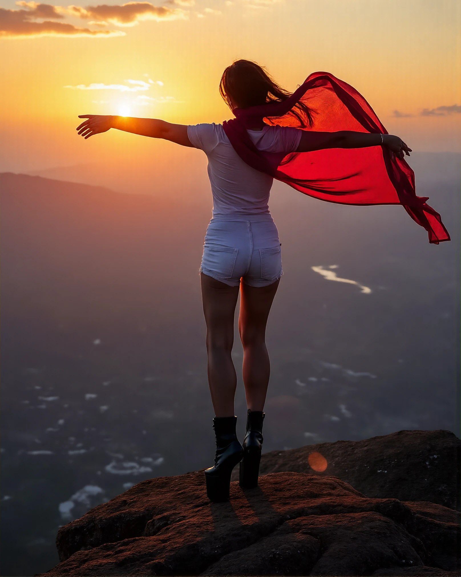 realistic HDR photograph of one subject,
a professional photograph of woman wearing a pair of heelless  thigh-high platform boots
High dynamic range, vivid, rich details, clear shadows and highlights, realistic, intense, enhanced contrast, highly detailed,
<lora:heelless_shoes_FLUX:1>,
As the sun sets over the distant horizon, a lone figure stands on the edge of a cliff, arms outstretched in a moment of pure joy. The person is adorned with a vibrant red scarf that dances in the wind, matching the fiery hues of the setting sun.  The landscape unfolds before them like a canvas painted by nature's own hand. A sprawling cityscape stretches out below, its lights twinkling like stars against the encroaching darkness. The city seems to be at peace, nestled comfortably in the embrace of towering mountains that rise up on either side.  In the foreground, a solitary tree stands tall and proud. Its leaves rustle softly in the evening breeze, whispering secrets to anyone who cares to listen. The tree's silhouette forms a striking contrast against the warm glow of the setting sun.  The person appears to be in mid-dance, their body moving rhythmically with the ebb and flow of life itself. Their feet are bare, connecting them to the earth and its rhythms. They are dressed simply yet elegantly - a single white shirt that stands out against the darker hues of the evening sky.  This scene is one of tranquility and freedom, a moment frozen in time where man and nature coexist in perfect harmony. It's a reminder of life's simple pleasures - to be alone with oneself, surrounded by beauty, and lost in the joy of living.