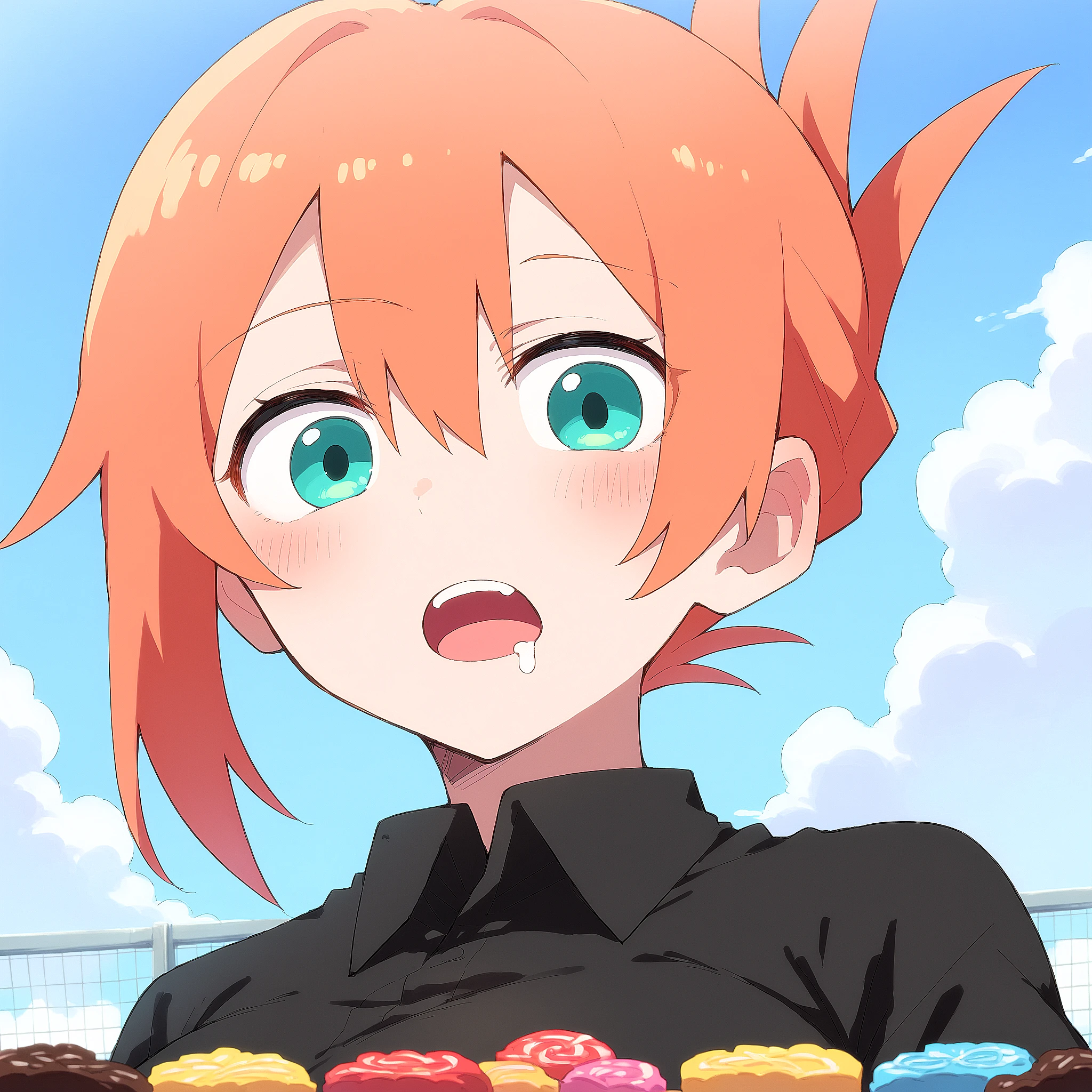 score_9, score_8_up, score_7_up, anime_style, 2D, Aki, 1girl, solo, looking at viewer, blush, open mouth, shirt, aqua eyes, orange hair, outdoors, sky, day, cloud, blue sky, black shirt, pov, parody, close-up, folded ponytail, short hair, hair between eyes, drooling, sweets, candies, meme, funny face, skirt, red tie