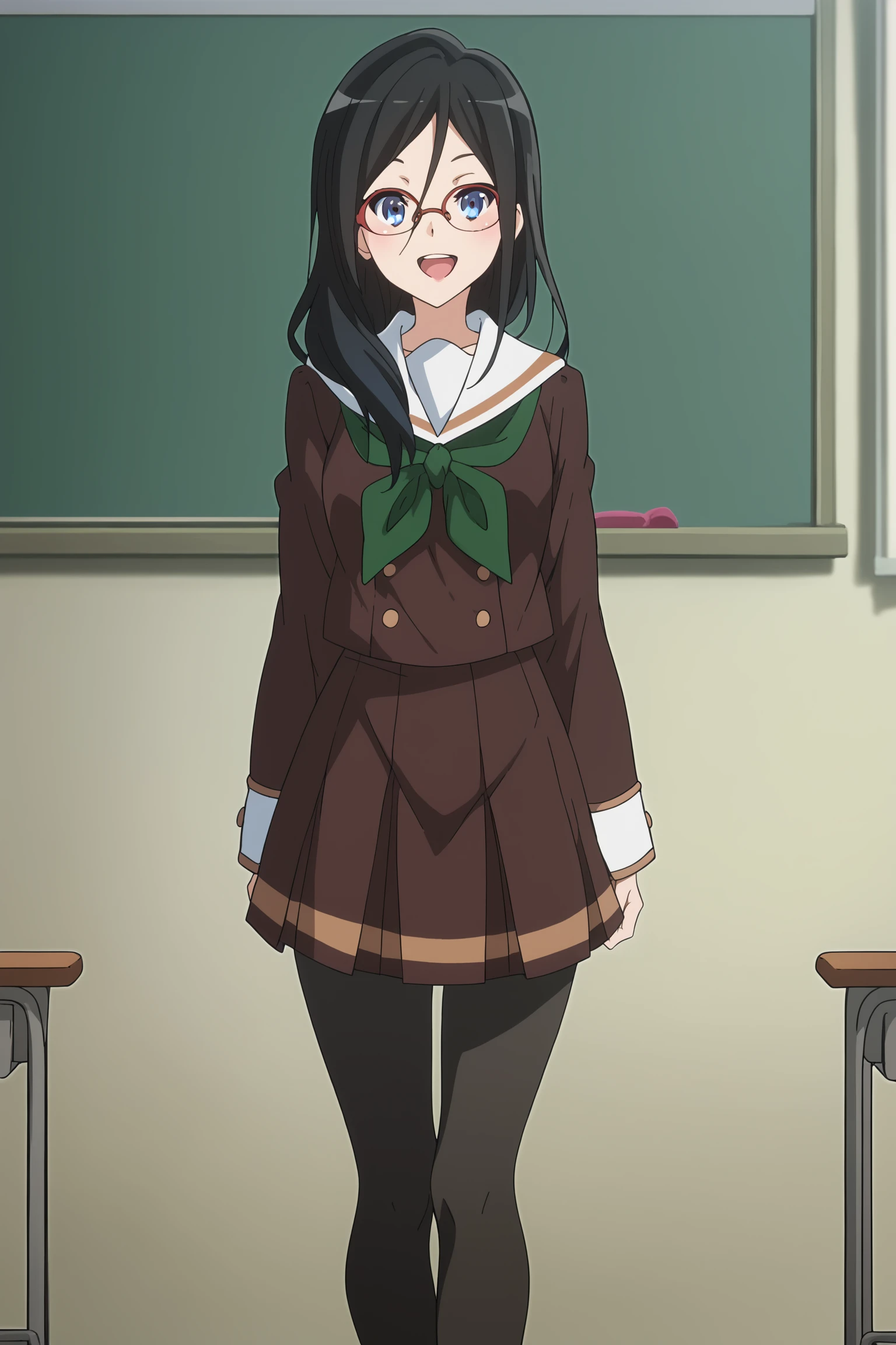 score_9, score_8_up, score_7_up, source_anime, 
in a classroom,
Black hair, long hair, blue eyes, glasses, red-framed eyewear, Asuka brown school uniform, Kitauji High School Uniform, green neckerchief, pantyhose, skirt,serafuku, shoes
 <lora:Asuka_Tanaka:1>1girl, solo, looking at the viewer, full body shot, big smile, mouth open