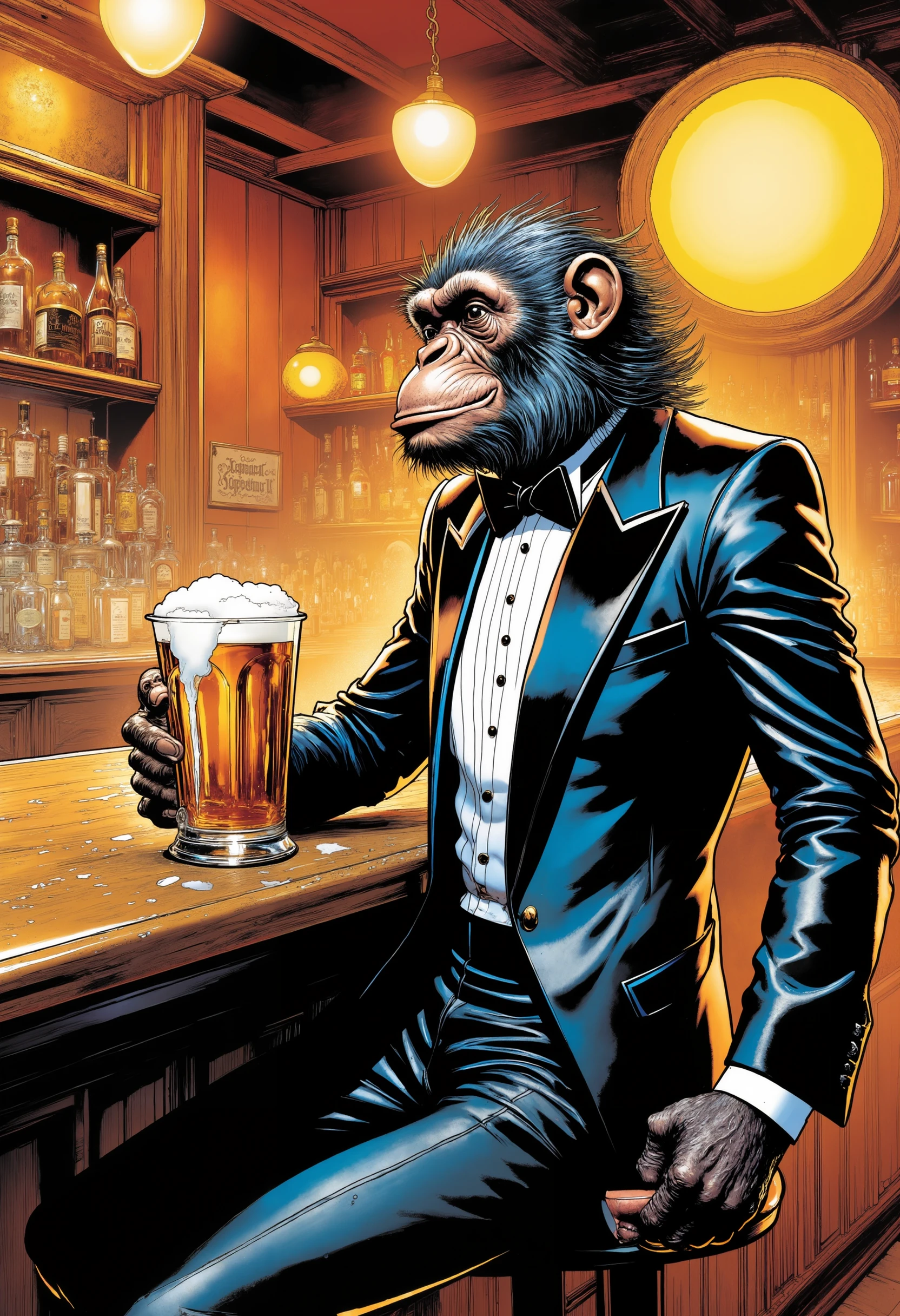 A lively, comic-style scene of a monkey wearing a sleek tuxedo sitting at a bar. The monkey is leaning casually on the counter with one arm, holding a large frothy mug of beer in the other. The setting is a cozy, warmly lit bar with a wooden countertop, some bottles of liquor and glasses visible behind the bar. The monkey has a playful grin on its face, clearly enjoying the drink, with its tuxedo looking sharp and well-fitted. The scene feels light-hearted and fun, with exaggerated expressions typical of comic illustrations.h QVL style <lora:FLUX_QVL_LoRA:1>