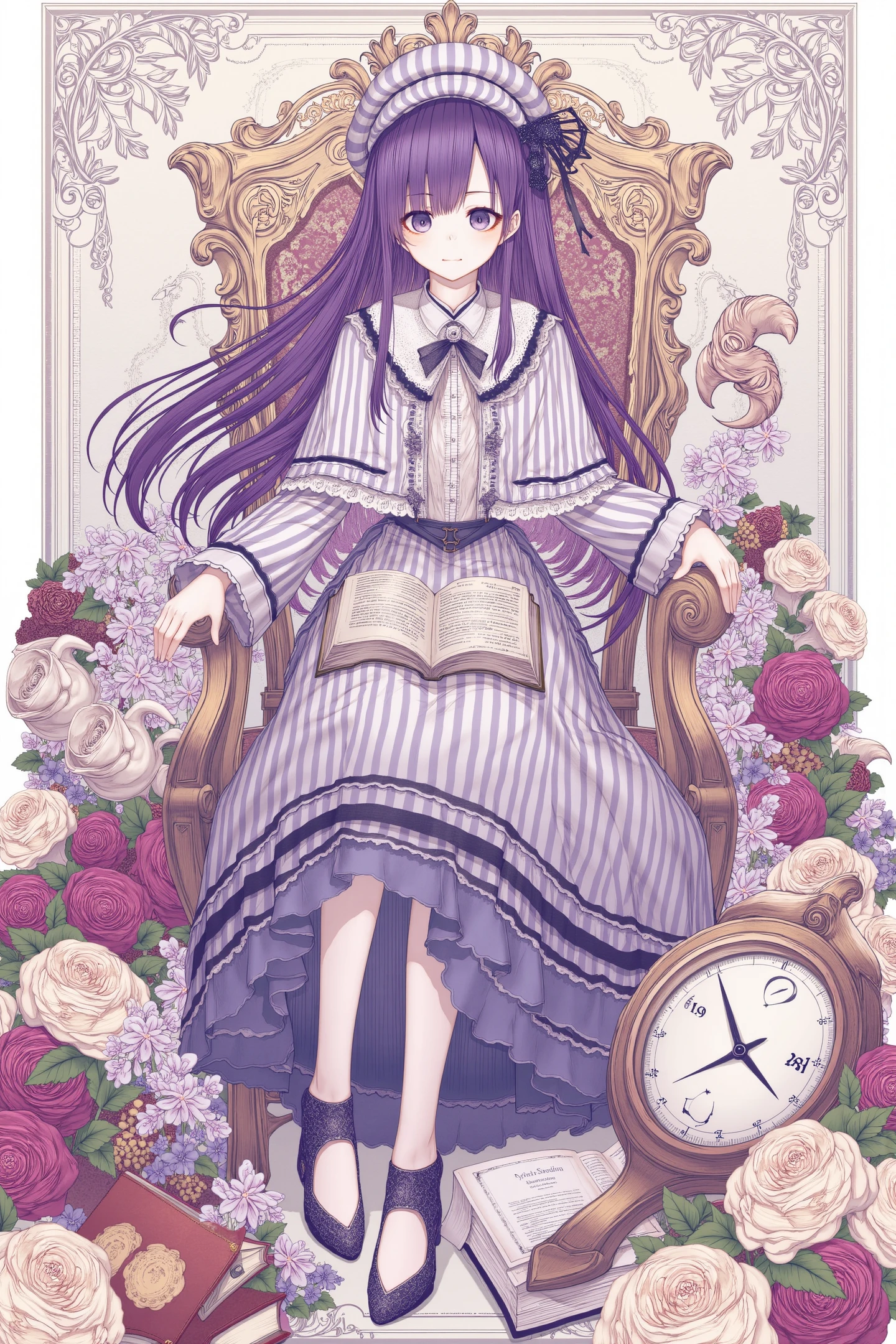 1girl,book,crescent,hat,open book,flower,purple eyes,mob cap,purple hair,long hair,roman numeral,capelet,vintage clock,looking at viewer,hat ornament,striped,rose,solo,sitting,chair,bow,crescent hat ornament,ribbon,bangs,lace,long sleeves,striped dress,cup,hair bow,bookmark,feathers,lips,hair ornament,dress,embellished costume,etro floral border background,
<lora:Hito komoru_FLUX:1>,