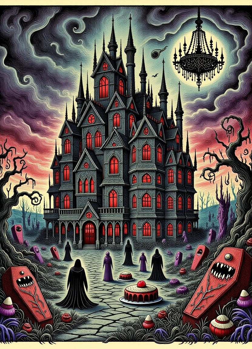 A whimsical occult art of a haunted hotel at sunset with DonM5by55prin7fx vampires dancing in the foreground surrounded by a graveyard of coffins, giant candy corn and cheesecakes in the shape of crypts, sinister shadows creeping up the walls, and a unicorn watching from the top floor under a chandelier that looks like a giant spider web, all set against a dark stormy sky with an ominous DonM5by55prin7fx fog rolling in.