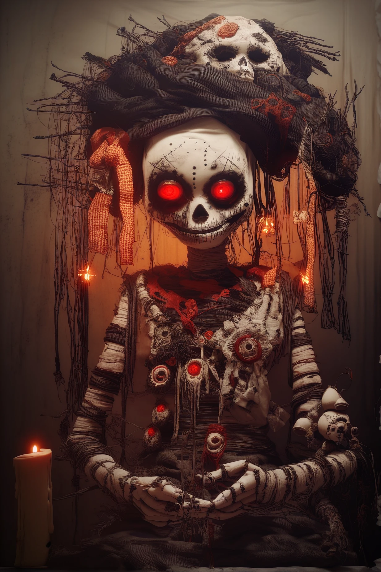 score_9, score_8_up, score_7_up, score_6_up, Doll Whisper, fabric doll, ragged doll, stitched smile, rusty pins, wrapped in black thread, glowing red eyes, surrounded by ritual objects, candle wax dripping, skulls nearby, twisted branches, voodoo altar, details, chaos,