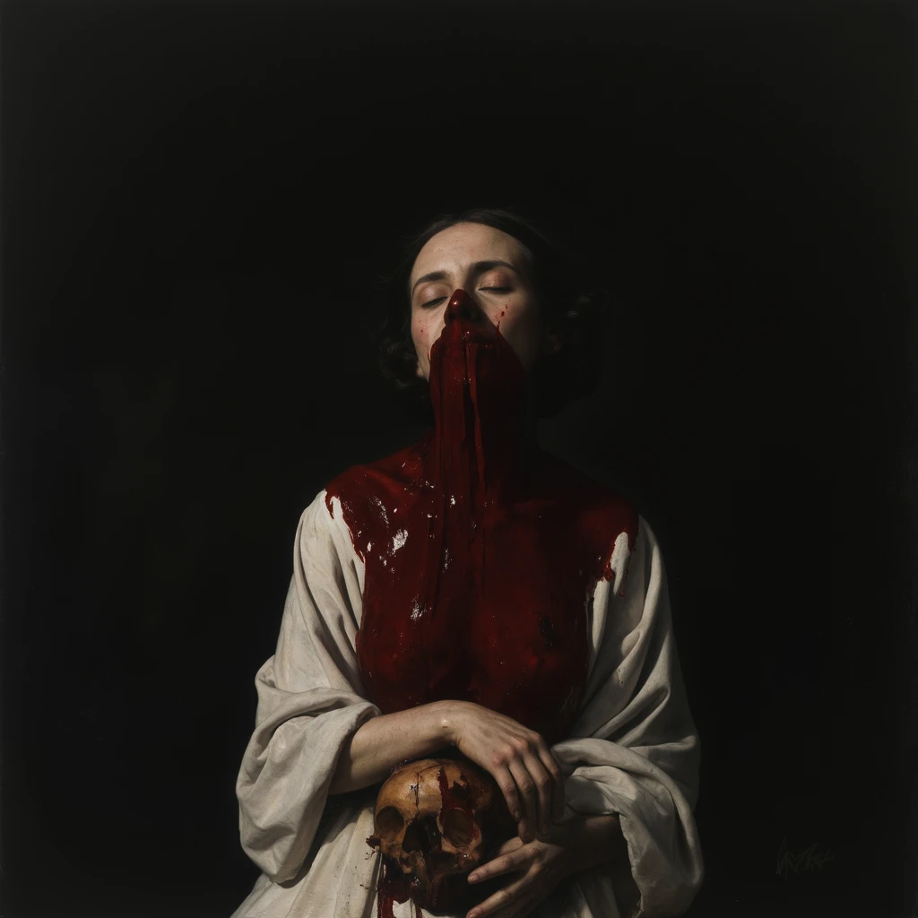 nisa, woman, hands on skull, her mouth and chest is entirely covered in a layer of thick dark red paint, white robe, eyes closed