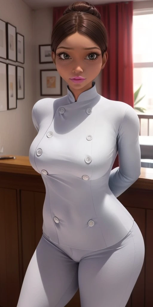 Hyperrealistic, photorealistic, super detailed, white chef jacket, looking at viewer, light blue pants, brown eyes, brown hair, hair pulled up into a bun, brilliant pink lipstick, body like in real life, large pores, brown skin, short, beautiful arms, medium breasts, unreal engine, octane render, droped shadow, bokeh, cinematic lighting, <lora:add_detail:0.5>, <lora:Volumetric_lighting:0.6>, Marlena Césaire, , <lora:41ee7acf-5707-4554-8d7e-c4eedfb4bdb6:0.7>