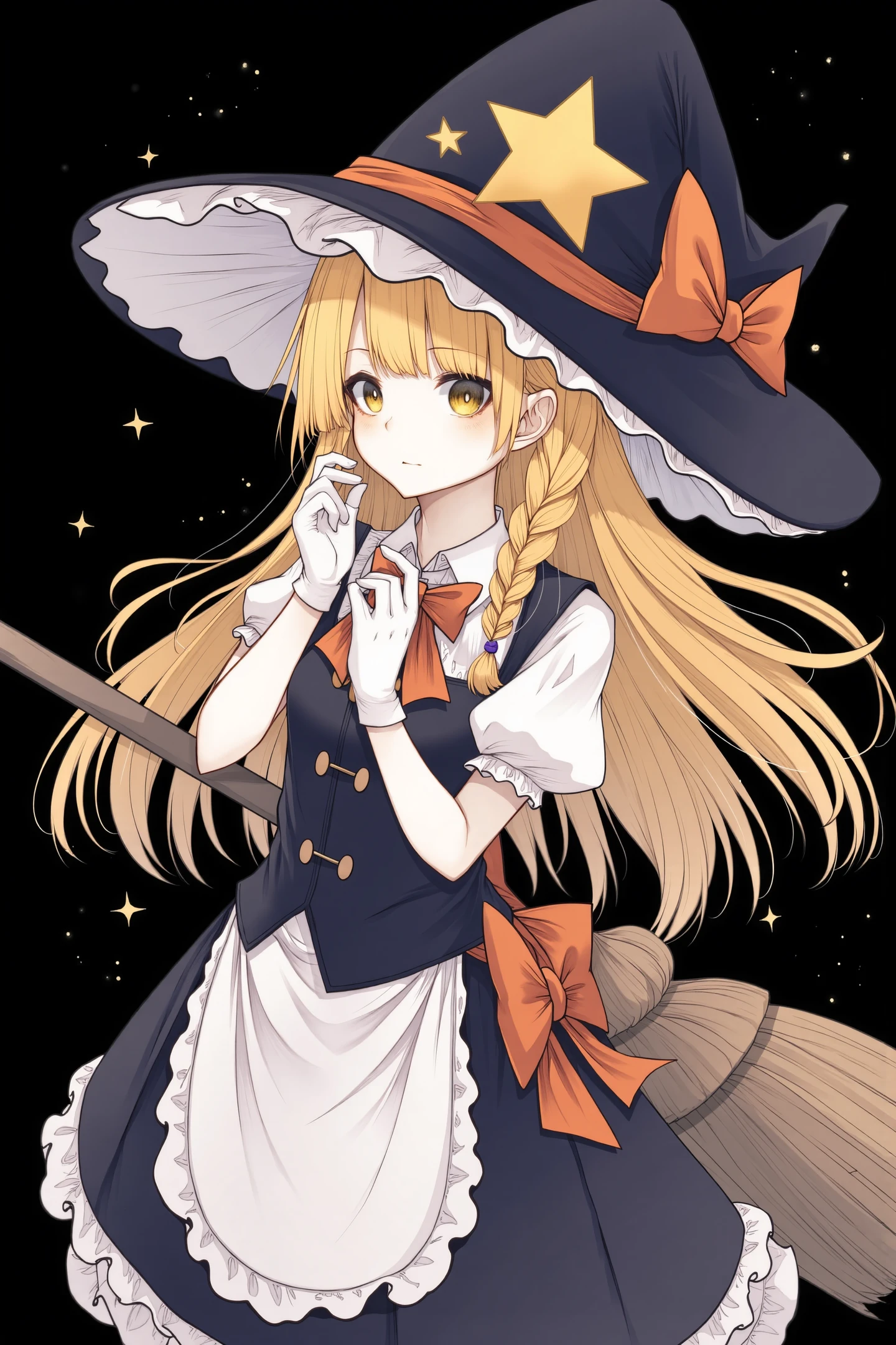 1girl,solo,kirisame marisa,hat,blonde hair,long hair,gloves,broom,braid,witch hat,star (symbol),bow,yellow eyes,looking at viewer,short sleeves,single braid,white gloves,puffy sleeves,hat bow,puffy short sleeves,apron,black background,side braid,orange bow,vest,cowboy shot,black headwear,dress,closed mouth,frills,holding broom,skirt,adapted costume,waist apron,hair bow,hand on own face,ribbon,bowtie,shirt,blush,star background,
<lora:Hito komoru_FLUX:1>,