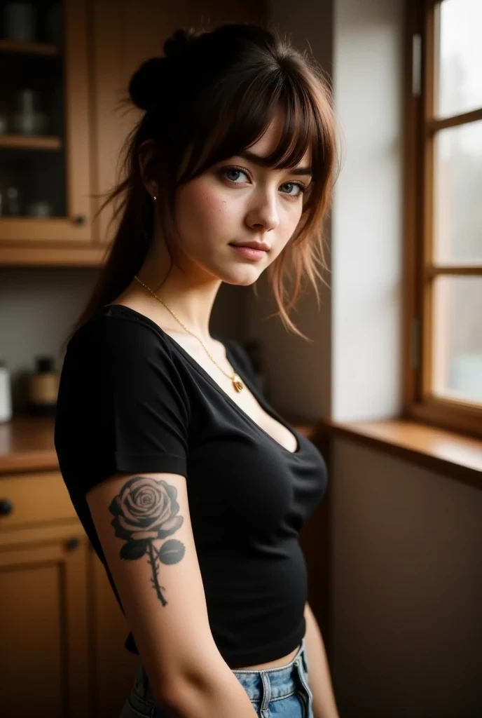 This is a high-resolution photograph of a young woman named maia in her early twenties, standing indoors. She has a fair skin tone with a light dusting of freckles across her cheeks and nose. Her hair is styled in a messy, half-up, half-down manner, with loose strands framing her face. She has striking blue-green eyes and full lips with a natural, neutral makeup look. 

She is wearing a black, short-sleeved, fitted t-shirt and a gold necklace with a circular pendant that rests just above her collarbone. On her left arm, she has a prominent tattoo of a large rose with detailed petals and thorns, extending from her shoulder to her elbow. 

The background is softly blurred, suggesting a shallow depth of field, and appears to be a modern, cozy kitchen with wooden cabinets and a wooden door with frosted glass panes. The lighting is warm and natural, likely from a window to the right, casting gentle shadows that enhance the texture of her skin and the fabric of her clothing. The overall atmosphere is intimate and candid, capturing a moment of relaxed poise and self-assured confidence.