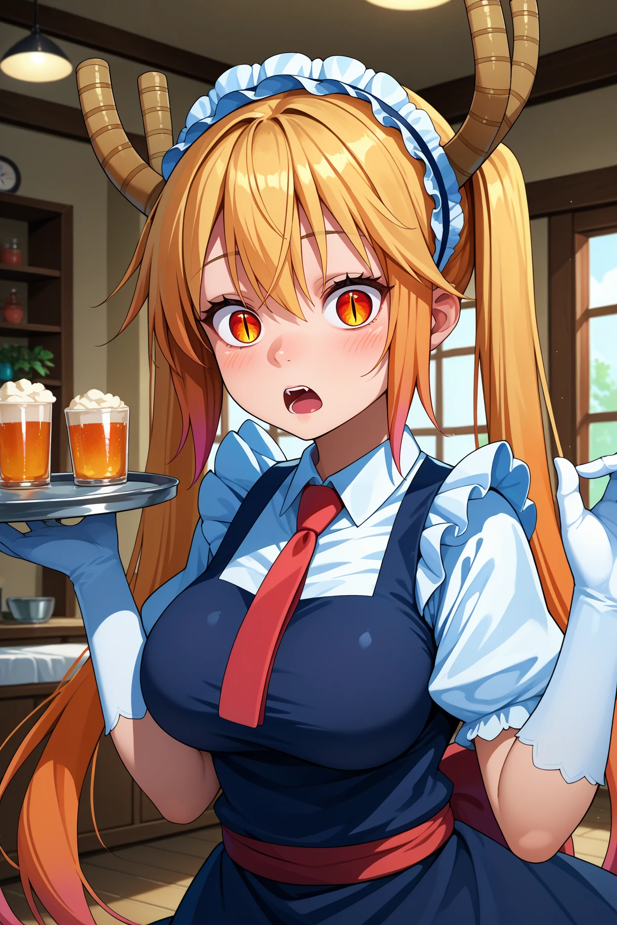 score_9, score_8_up, score_7_up, score_6_up, source_anime, 1girl, solo, <lora:tohru-pdxl-nvwls-v1-000005:1> mdrgtru, blonde hair, twintails, orange hair, gradient hair, orange eyes, slit pupils, horns, headdress, white shirt, collared shirt, red necktie, short sleeves, puffy sleeves, black dress, frills, sash, white gloves, elbow gloves, large breasts, holding tray, looking at you, open mouth, surprised, blush, indoors