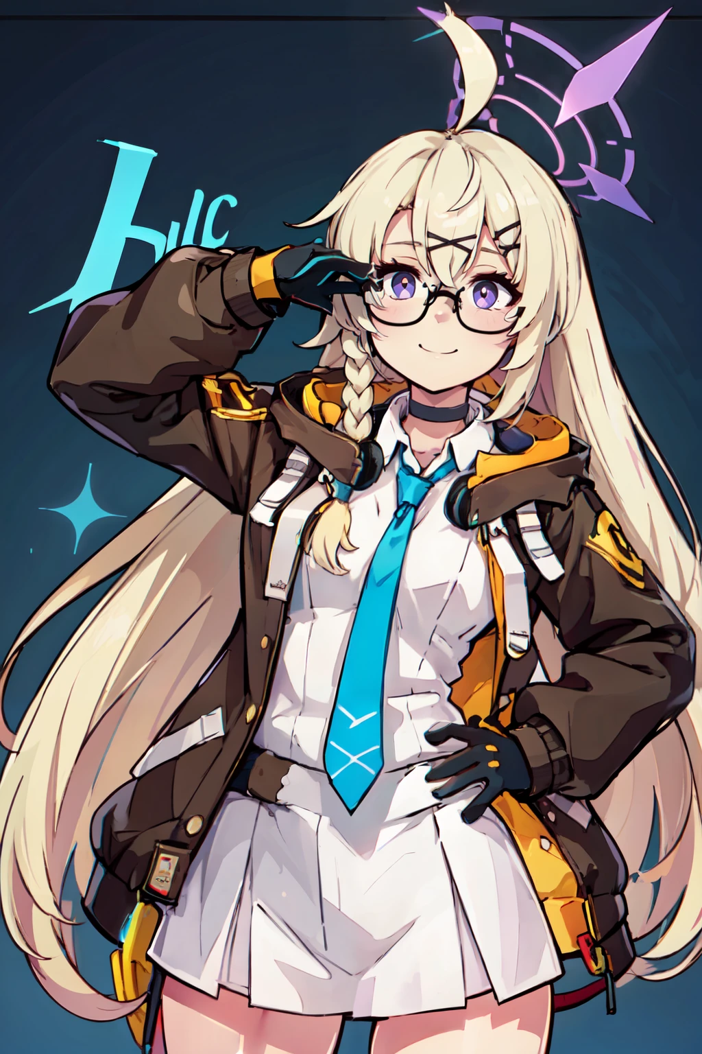 ((masterpiece,best quality)), absurdres,  BREAK, , <lora:Kotama_BlueArchive_Citron:0.8>,, zzKotama, long hair, glasses, halo, hair ornament, purple eyes, hairclip, black-framed eyewear, ahoge, blonde hair, purple halo, braid, hair between eyes, x hair ornament, headphones, semi-rimless eyewear, ponytail, blue necktie, black jacket, white shirt, long sleeves, open jacket, collared shirt, black gloves, single braid, choker, hooded jacket, headphones around neck, hood down, under-rim eyewear,  , BREAK, hip to the side, hand on hip, contrapposto,, BREAK, solo, smile, looking at viewer, cowboy shot,