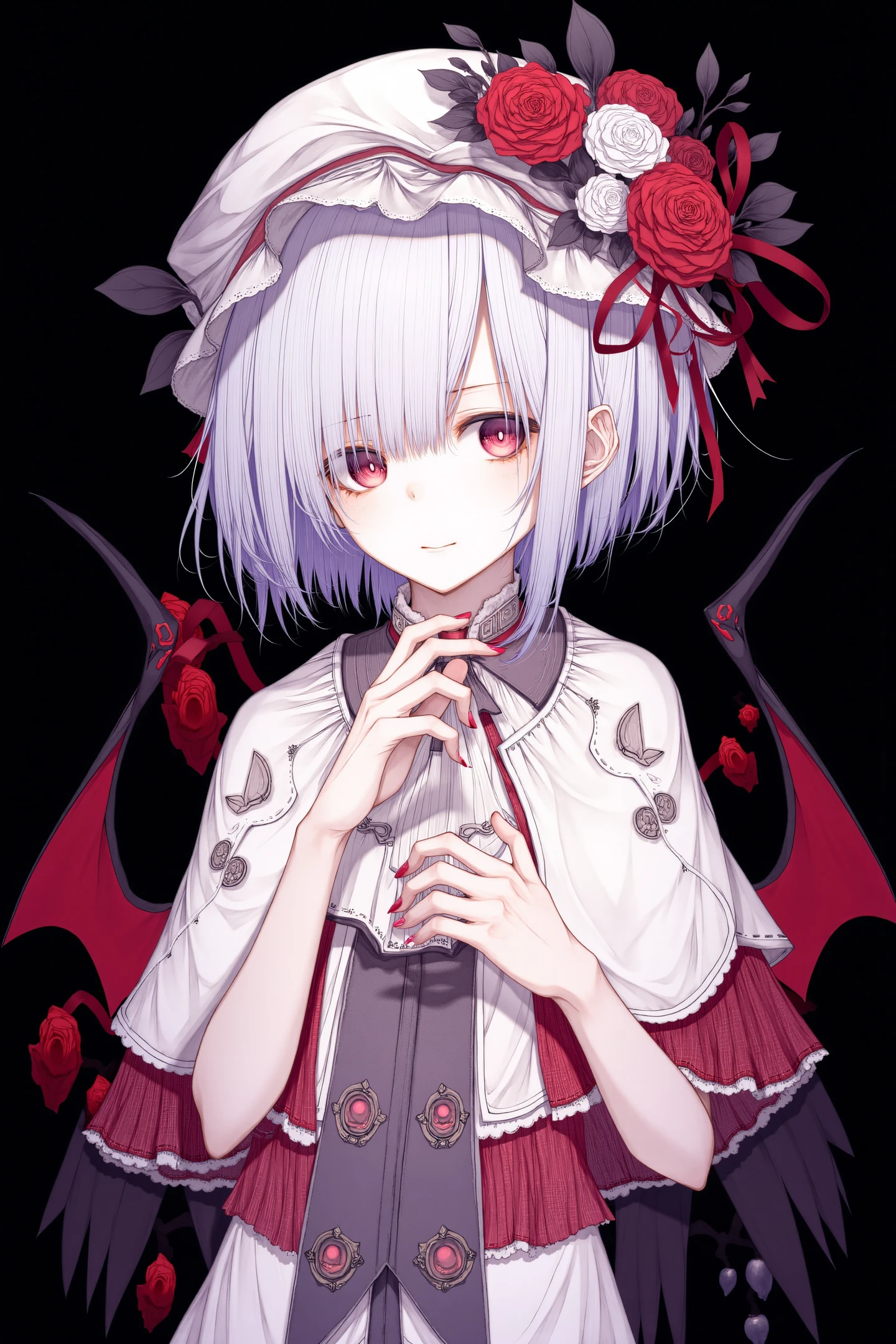 1girl,remilia scarlet,solo,wings,flower,hat,red nails,looking at viewer,hair between eyes,bat wings,white headwear,hat flower,blue hair,rose,ascot,white flower,mob cap,red flower,capelet,white ascot,short hair,black background,red ribbon,pink eyes,upper body,multicolored hair,white capelet,white hair,ribbon,
<lora:Hito komoru_FLUX:1>,