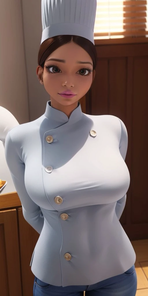 Hyperrealistic, photorealistic, super detailed, white chef jacket, looking at viewer, light blue pants, brown eyes, brown hair, hair pulled up into a bun, brilliant pink lipstick, body like in real life, large pores, brown skin, short, beautiful arms, medium breasts, unreal engine, octane render, droped shadow, bokeh, cinematic lighting, <lora:add_detail:0.5>, <lora:Volumetric_lighting:0.6>, Marlena Césaire, , <lora:41ee7acf-5707-4554-8d7e-c4eedfb4bdb6:0.7>