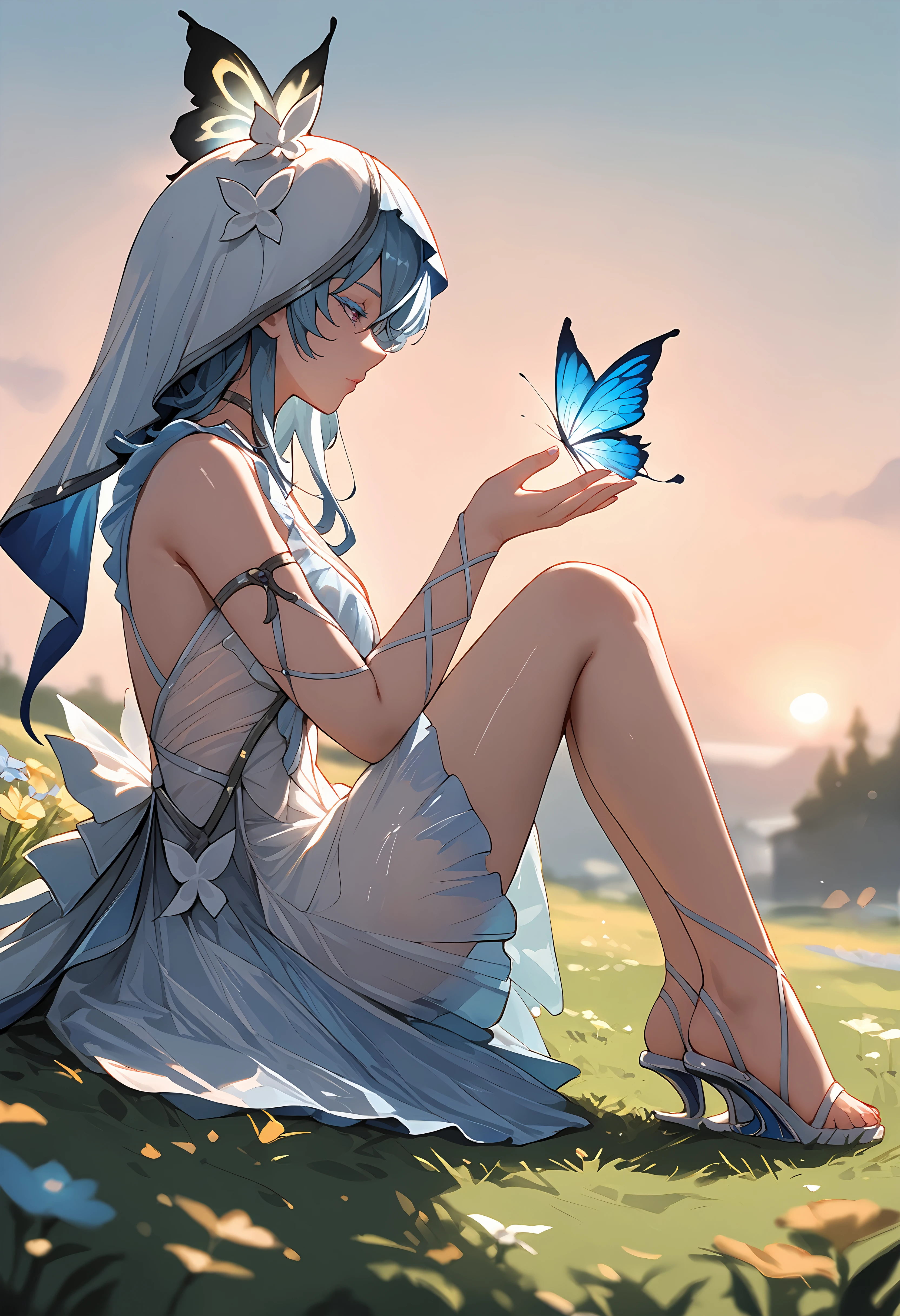 (score_9, score_8_up, score_7_up), 1girl, shorekeeper, colored eyelashes, veil, criss-cross arm straps, see-through, heel-less heels, from side, sitting, grass, flower, sunset, butterfly on hand, depth of field, <lora:shorekeeper-wwPO-v1cr:0.9>