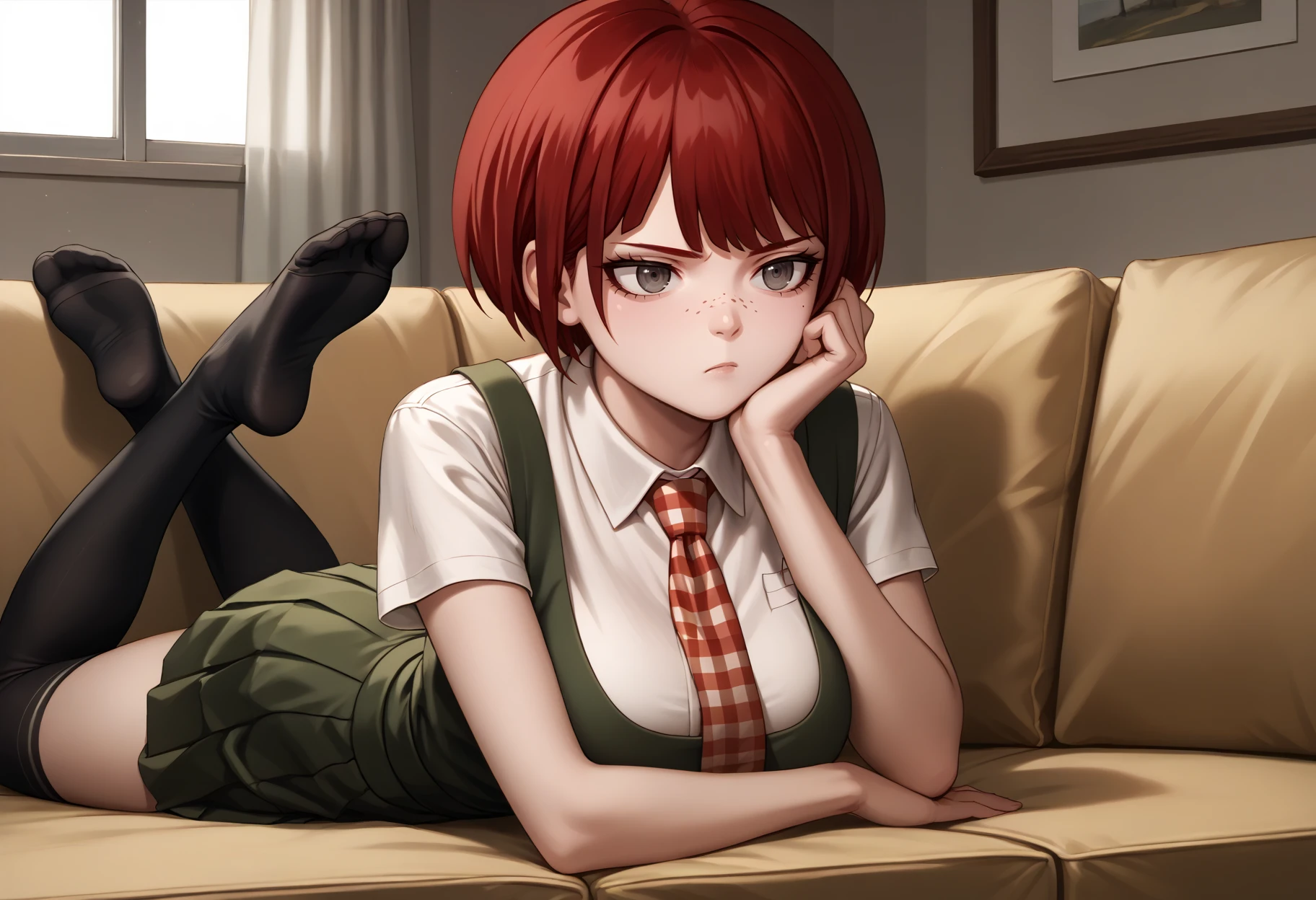 score_9, score_8_up, score_7_up, source_anime, 1girl, lying, on stomach, head rest, bored, <lora:MahiruDR-pdxl:1> defMahi, red hair, short hair, grey eyes, freckles, plaid necktie, white shirt, collared shirt, short sleeves, green pinafore dress, big breasts, pleated skirt, black socks, thighs, no shoes, couch, indoors, window