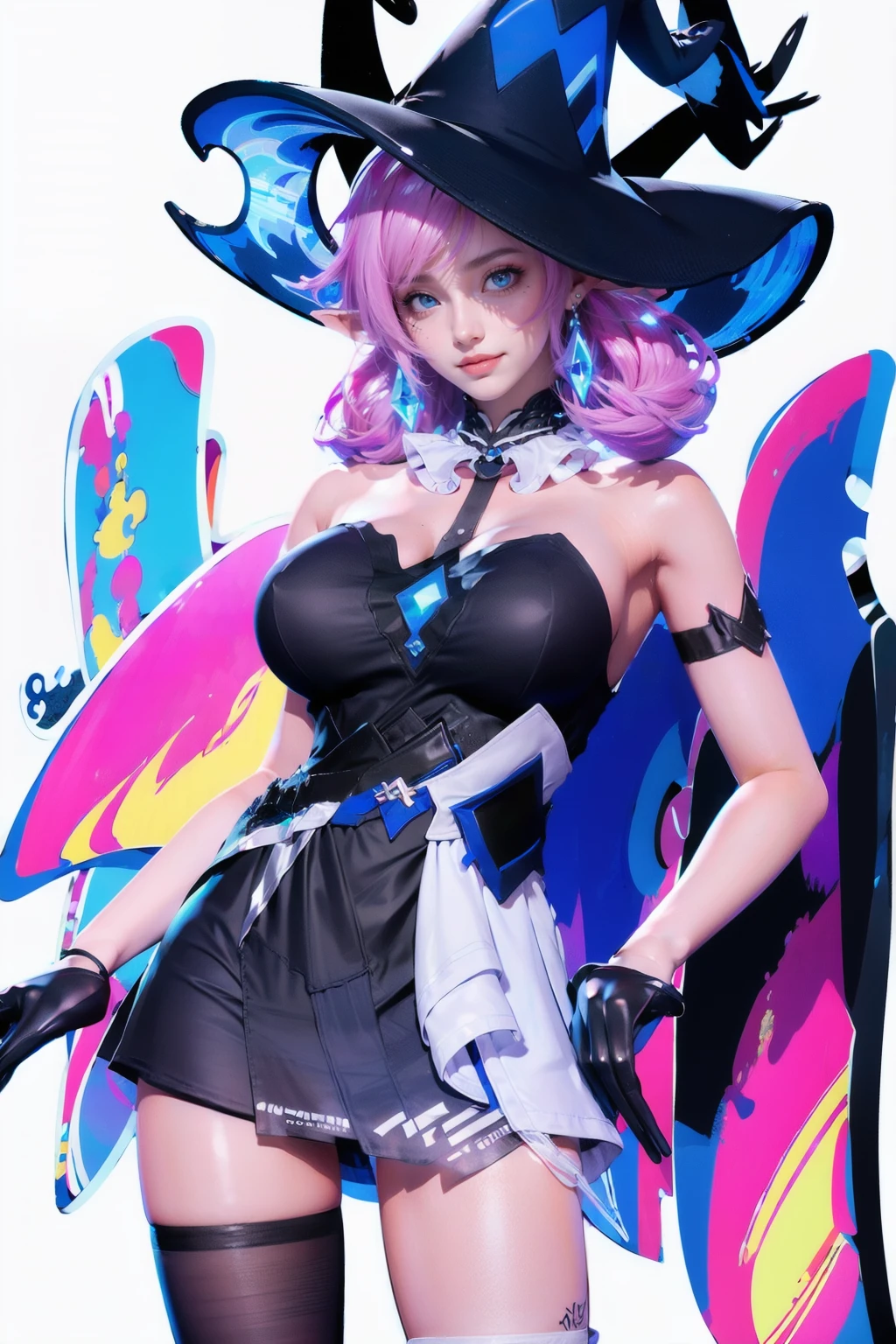 <lora:Veera_Wiching_Hour_AoV_Model_LoRA:0.8>, Veera_WCH, 1girl, solo, hat, witch hat, black headwear, pink hair, bangs, pointy ears, looking at viewer, blue eyes, mole, mole under eye, closed mouth, bare shoulders, breasts, large breasts, sideboob, dress, strapless, strapless dress, black dress, gloves, skirt, legs, asymmetrical legwear, thighhighs, single thighhigh, black thighhighs, socks, boots, white footwear, jewelry
, (white background:1.6)
, ((realistic, photo realistic)), best quality, ultra high res, (photorealistic:1.4), masterpiece, real life skin, hyper real