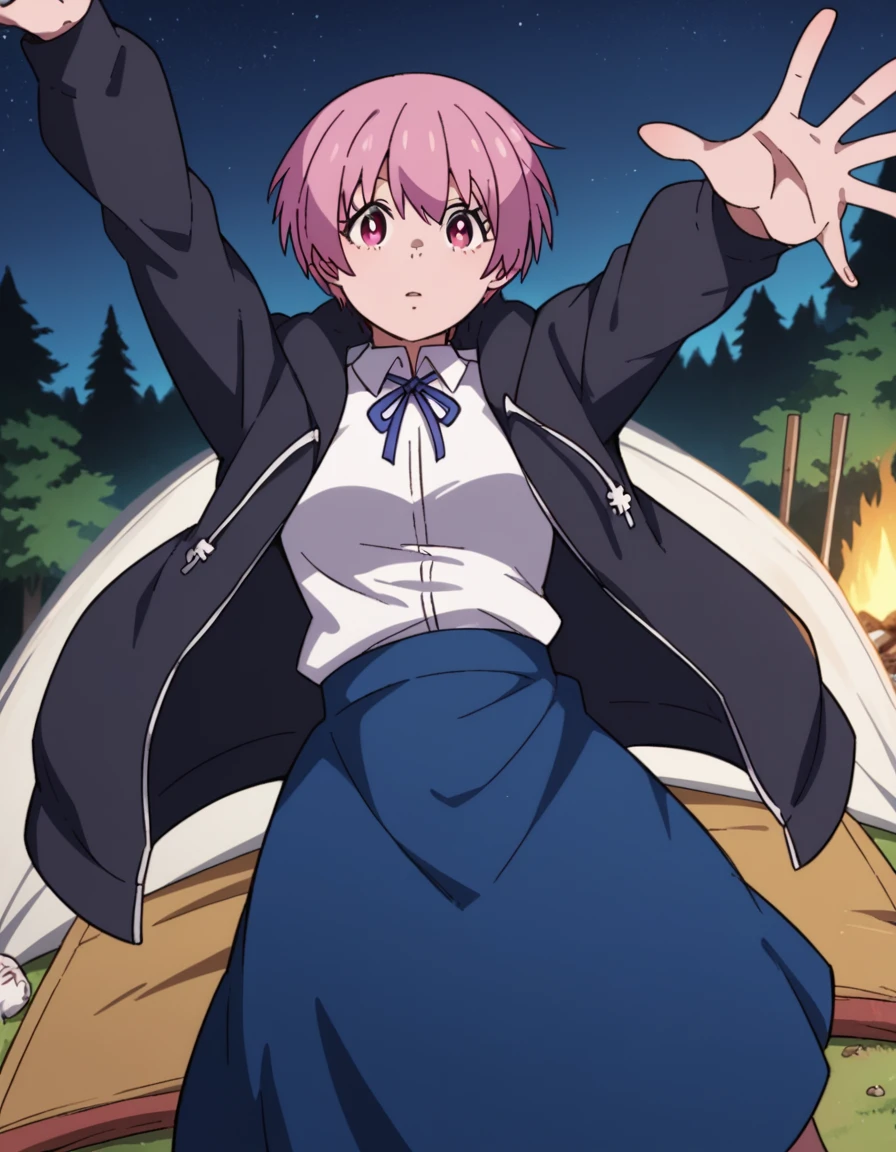 score_9, score_8_up, score_7_up, source_anime, <lora:inca-kasugatani-s2-ponyxl-lora-nochekaiser:1>, inca kasugatani, short hair, pink hair, pink eyes, medium breasts,, skirt, shirt, ribbon, jacket, white shirt, blue skirt, neck ribbon, blue ribbon, purple ribbon, camping, bonfire, tent, stargazing, marshmallows, forest clearing, night, , on back, arm support, arms up, incoming hug, pov, reaching, reaching towards viewer,, looking at viewer, solo,, dutch angle, cowboy shot