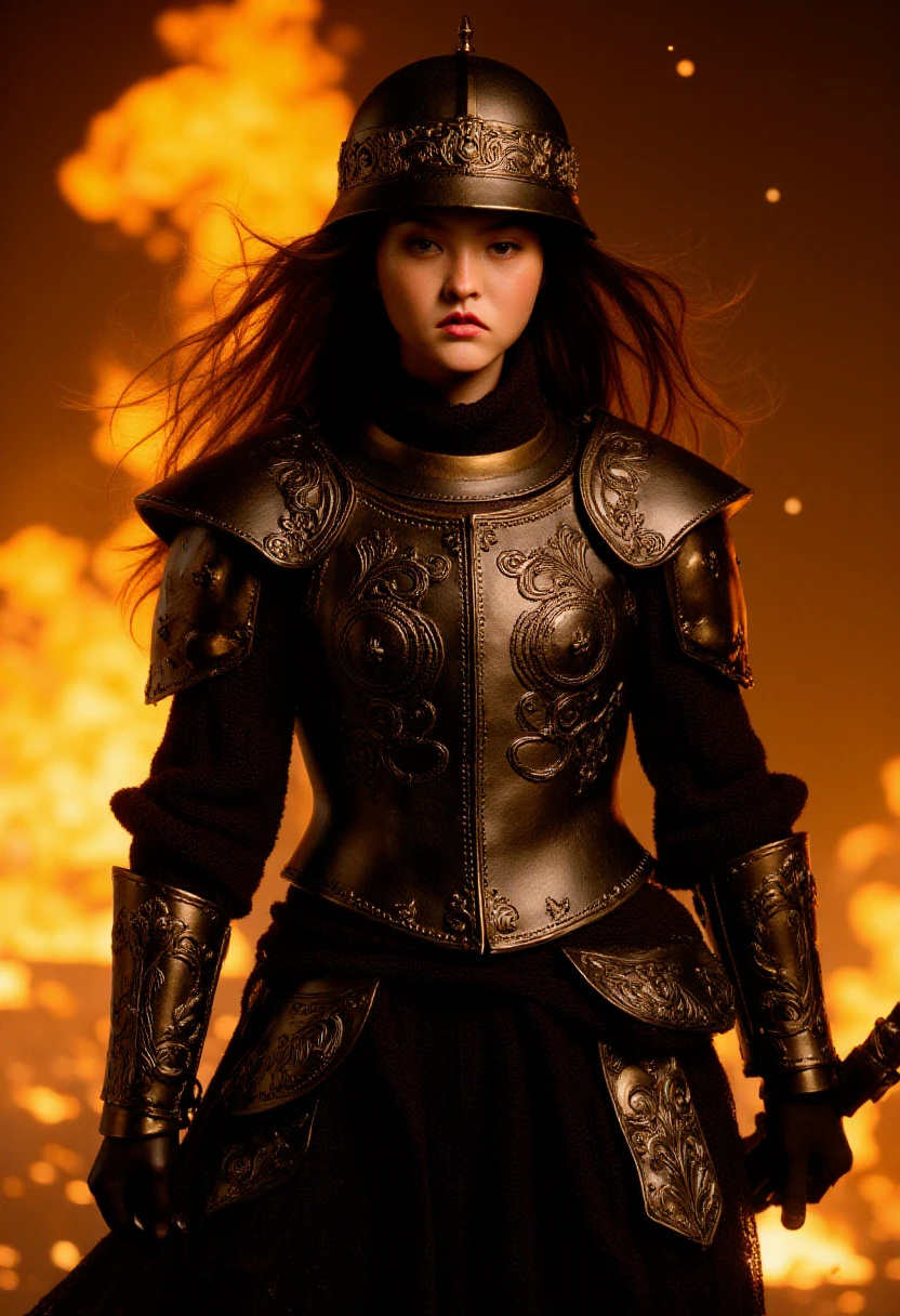 This is a highly detailed CGI artwork depicting a fierce, armored warrior. The image showcasesopt-devonaoki with full dark richly detailed Black Wings on her back with a determined expression, standing in the midst of a fiery battlefield. She has long, dark hair flowing around her shoulders and is wearing a heavy, polished sleek black and gold armor breastplate with intricate, embossed designs, covering her torso and shoulders. Her helmet, also steel, is adorned with a visor and features a similar design to her breastplate. Her armor is complemented by black, chainmail gauntlets and a matching skirt. The textures of the armor are highly realistic, with a polished, reflective surface that catches the light. The background is ablaze with large, orange and yellow flames, casting a warm, intense glow that highlights the warrior's features and accentuates the dark, dramatic atmosphere. Sparks and small bits of debris are scattered in the air, adding to the chaotic and intense scene. The lighting is dynamic, with shadows and highlights that create depth and dimension, enhancing the sense of urgency and danger. The overall style of the artwork is highly detailed and realistic, with a focus on the warrior's powerful presence and the dynamic, fiery environment she stands in.  <lora:OPT_-_Devon_Aoki_Flux:1>