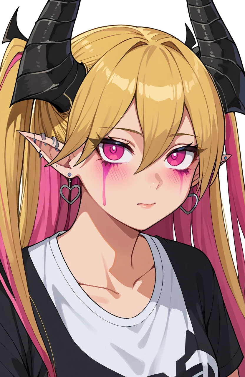 score_9, score_7,  lacrima hair between eyes, black horns, pink eyes, twintails, pointy ears, blonde hair, earrings, pink facial mark, demon horns, ear piercing,very long hair, multicolored hair, t-shirt, <lora:LacrimaYugiohDora-XL-V2:1>âââ