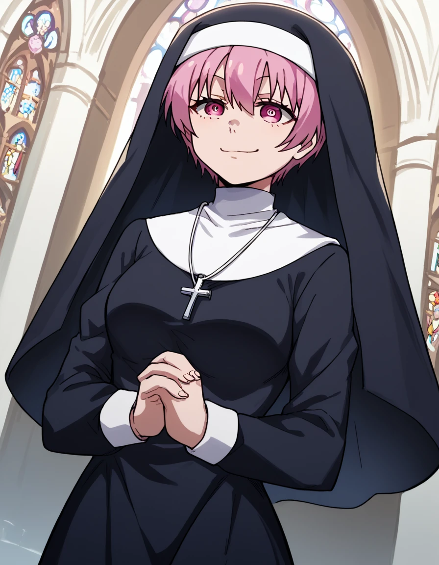 score_9, score_8_up, score_7_up, source_anime, <lora:inca-kasugatani-s2-ponyxl-lora-nochekaiser:1>, inca kasugatani, short hair, pink hair, pink eyes, medium breasts,, <lora:traditional-nun-ponyxl-lora-nochekaiser:1>, traditional nun, nun, habit, long sleeves, dress, black dress, jewelry, black veil, cross, cross necklace,, church, smug, praying,, , dutch angle, cowboy shot