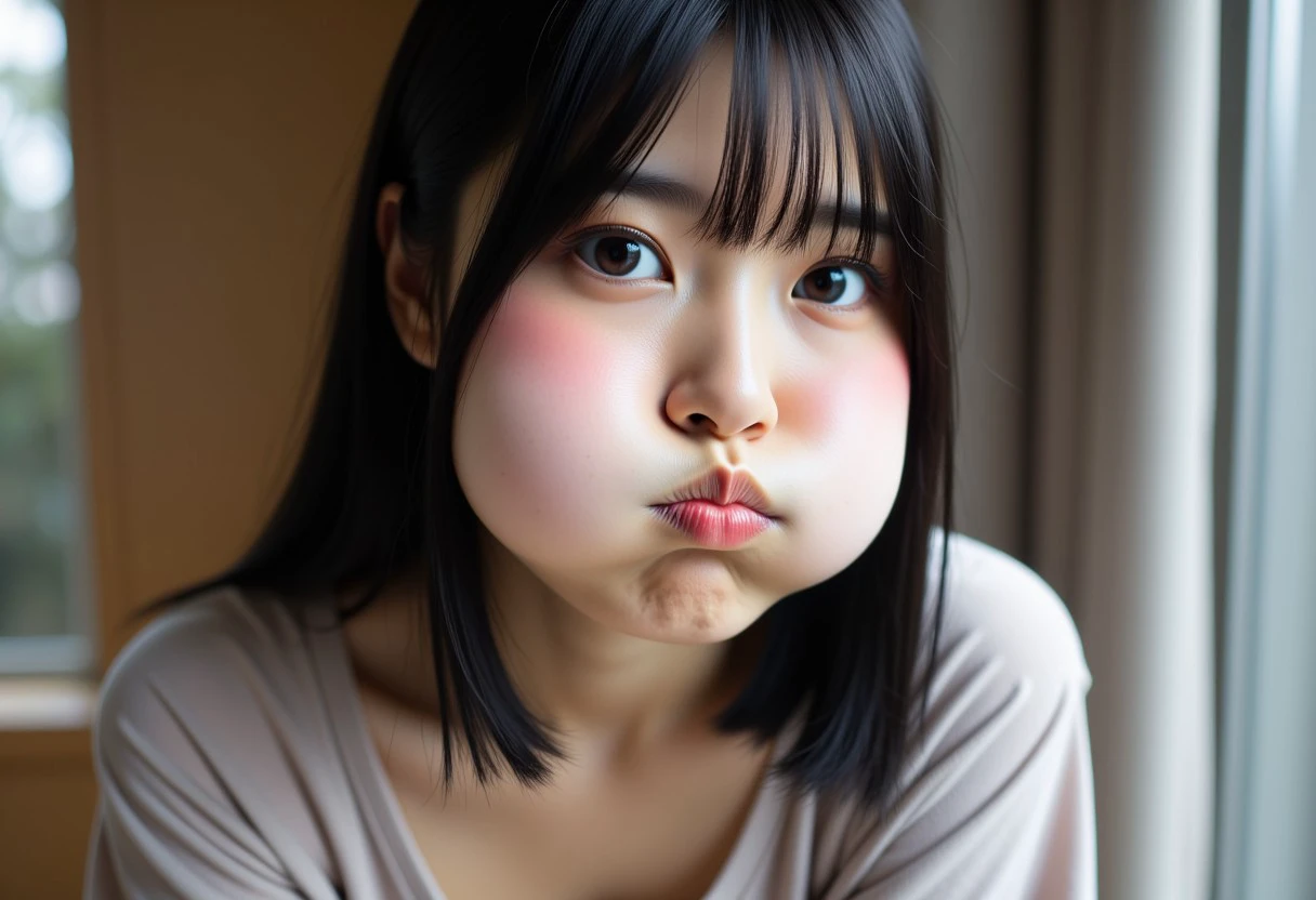 A real life photo of a woman with puffedoutcheeks. The woman is Japanese. She looks at the viewer, and her head is tilted to the side slightly and also slightly looking down. Her cheeks are puffed out, round and full of air. Her puffedupcheeks are especially round and full. Her lips are puckered. She has black hair. Light reflects off of her puffedupcheeks. The indoors is in the background of the woman. The photo is an upper body shot.