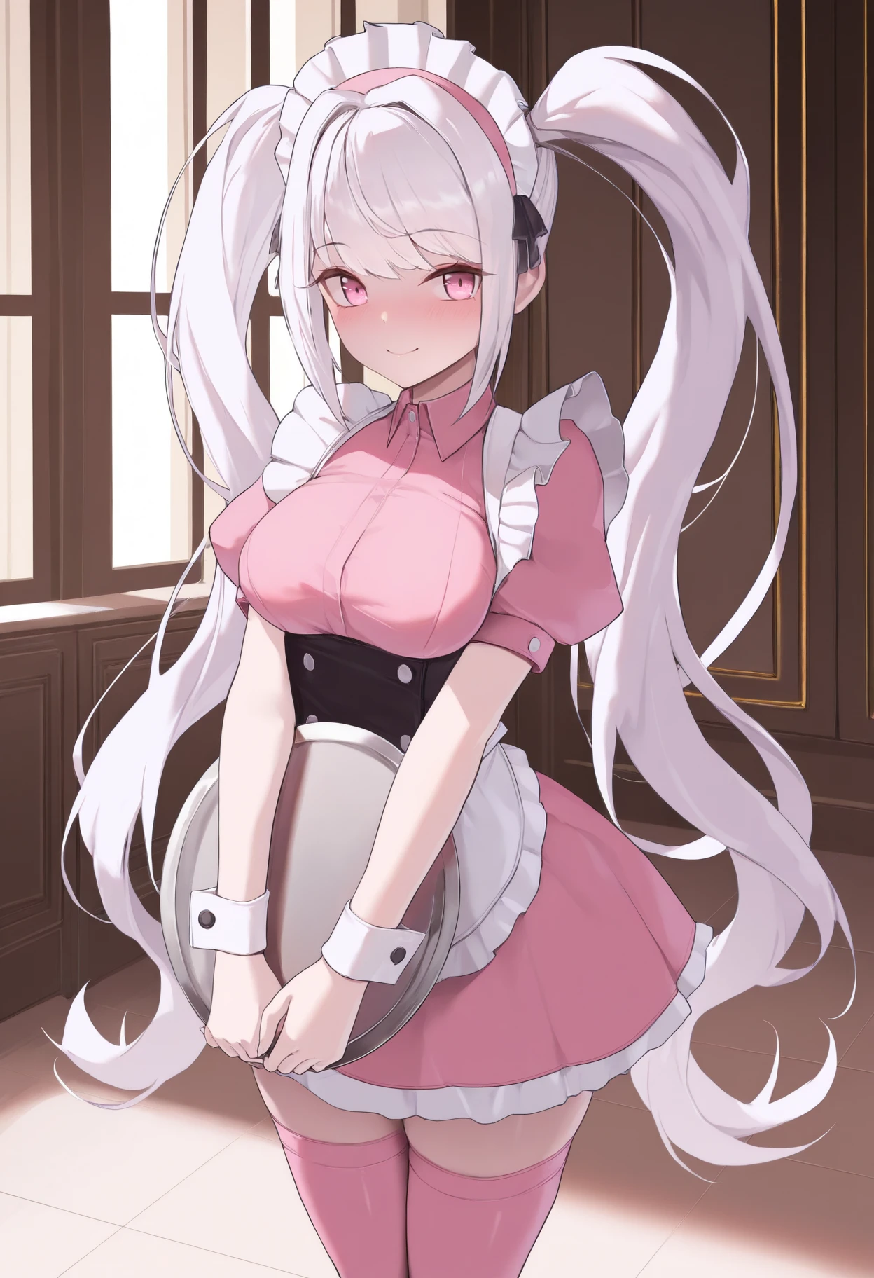 masterpiece, best quality, 1girl, solo, <lora:alice-nikke-richy-v1_ixl:1> alicernd, pink eyes, white hair, twintails, very long hair, bangs, medium breasts, maid headdress, maid, underbust, smile, indoors, holding tray, standing, pink thighhighs, pink shirt, puffy short sleeves, wrist cuffs, looking at viewer, smile, blush, closed mouth