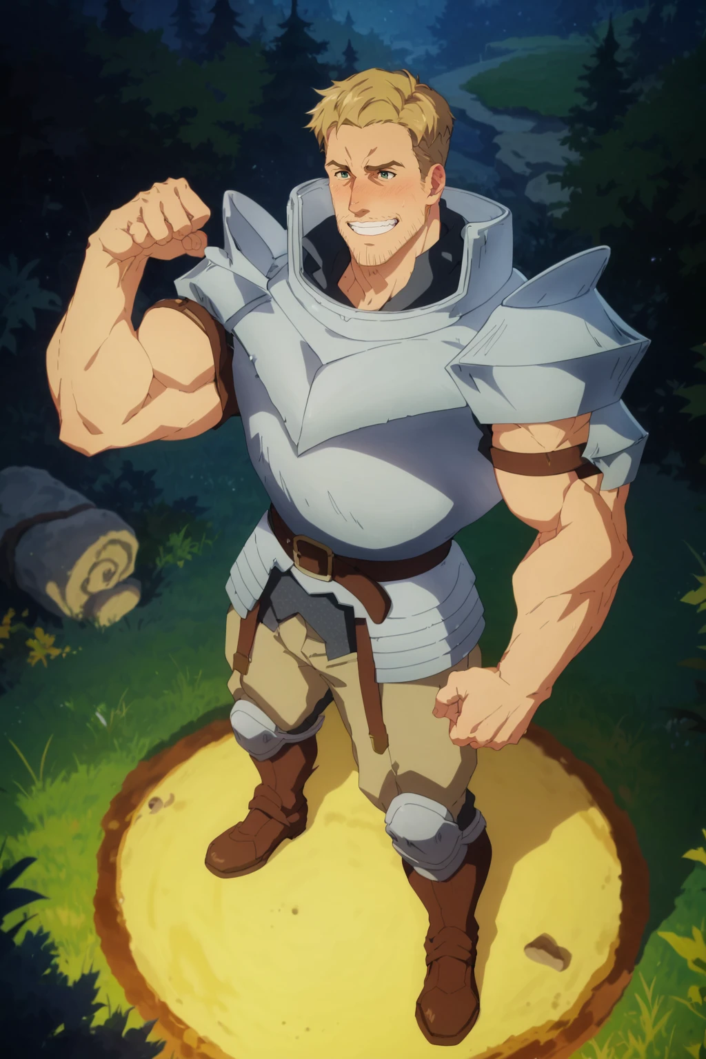 score_9,score_7_up,score_6_up,score_5_up,score_4_up, 1boy, solo, bara, muscular male, beard, blonde hair, green eyes, ear blush, nose blush, outdoors, narrow waist, grin, standing, from above, full body, belt, armor, flexing double biceps pose, flexing muslce, perfect anatomy, perfect proportions, best quality, masterpiece, high_resolution, high quality, best aesthetic, incredibly absurdres, highres, extremely detailed, huge filesize, source_anime \(campfire cooking in another world with my absurd skill\), sharp shadows, direct lighting, vibrant colors, glow effect, bloom, edge color fringing, chromatic aberration, Werner from anime \(Campfire cooking in another world with my absurd skill\),  <lora:add-detail-xl:1>,  <lora:Anime Summer Days 2 Style SDXL_LoRA_Pony Diffusion V6 XL:0.8>,  <lora:Werner_-_Campfire_cooking_in_another_world_with_my_absurd_skill-vtest1:1>