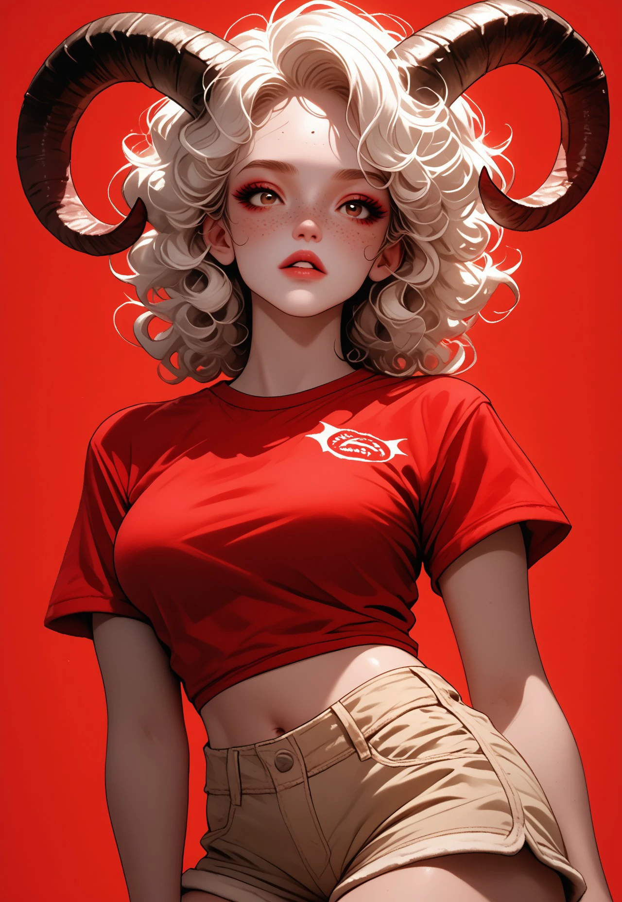 safe_pos, r3dsh1rtd3m0n, A (demon girl:1.3) with (white curly hair:1.2) and (freckles:1.1), featuring (sheep horns:1.4) and (demon horns:1.4), wearing a (red shirt:1.3) and (shorts:1.2), showcasing (cleavage:1.2) and (midriff:1.2), against a (vibrant red background:1.3), (large breasts:1.3), (parted lips:1.2), (brown eyes:1.1), (red nails:1.2), playful and confident pose, (short sleeves:1.1), emphasizing (body freckles:1.1)score_9, score_8_up, score_7_up, score_6_up, score_5_up, score_5_up, score_4_up